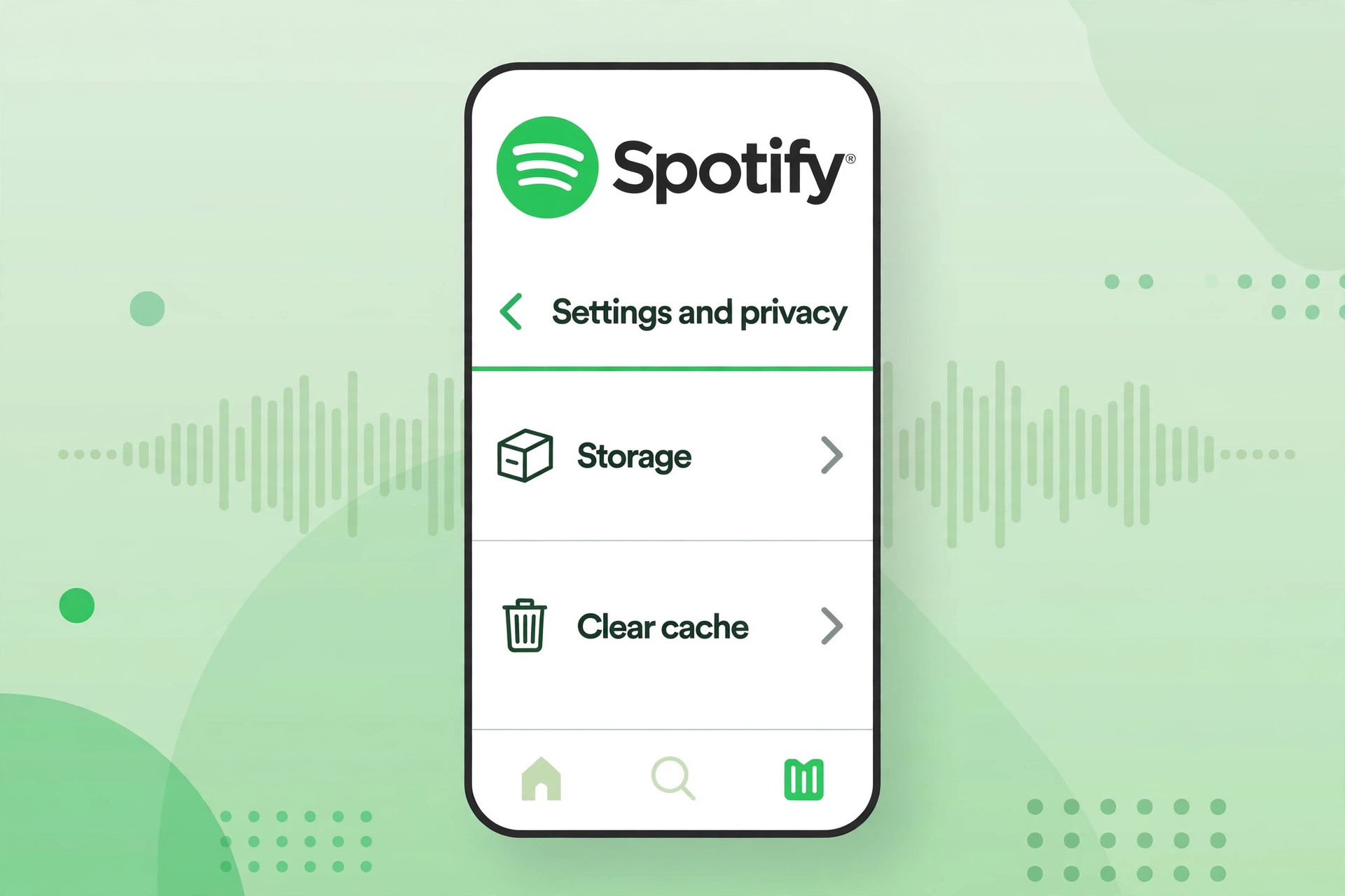Phone settings mockup showing Settings and privacy, Storage and Clear cache