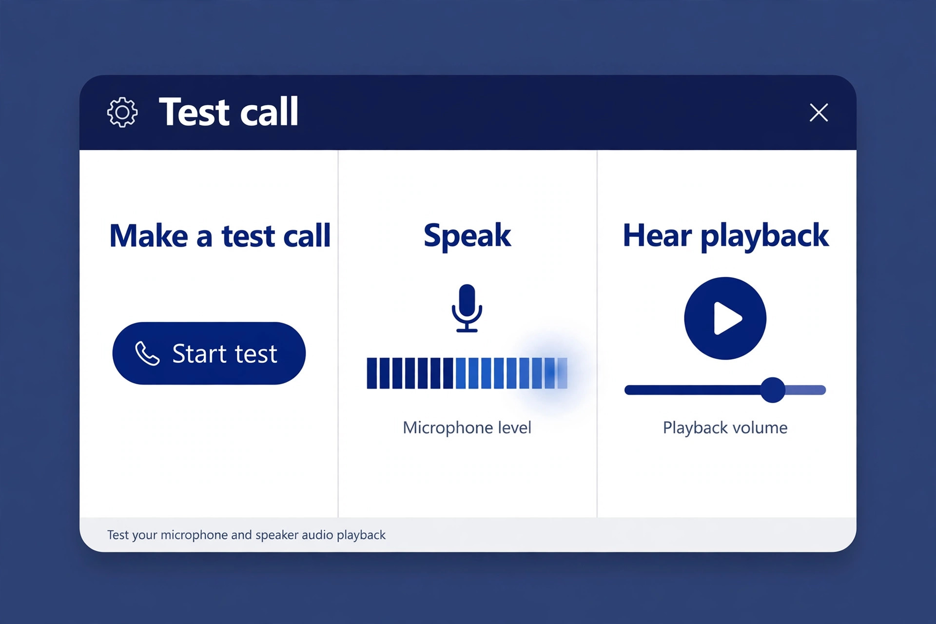 Teams test call panel with start test, speak with a microphone level bar and hear playback