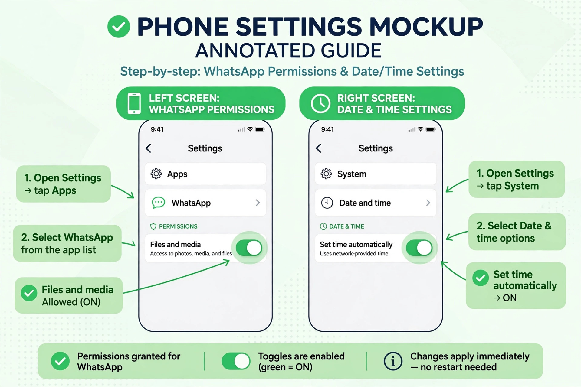 Annotated phone settings mockup showing WhatsApp files and media permission allowed and automatic date and time on