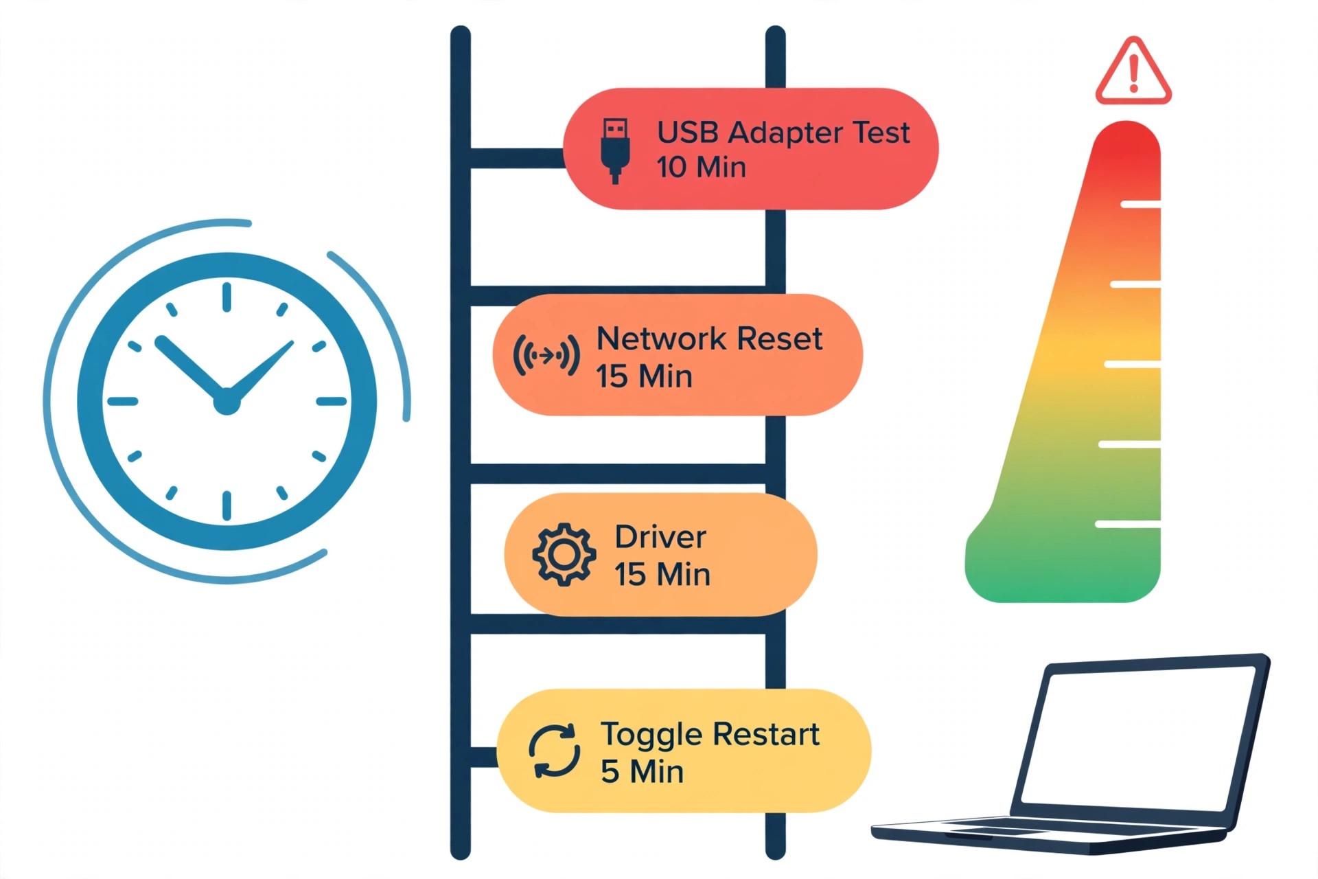 Clock and risk gauge ladder with the draft's step times (5, 15, 15 and 10 minutes)