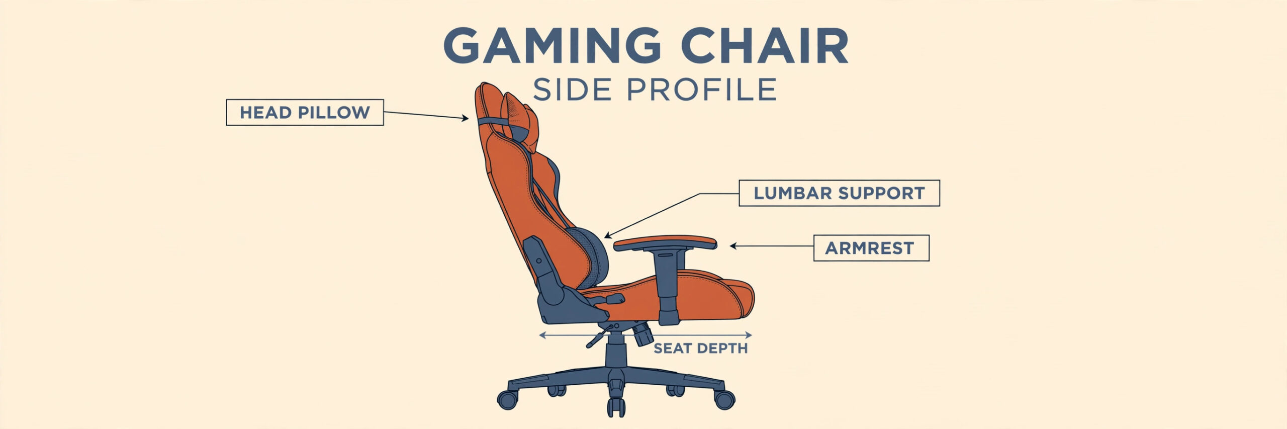 Annotated view of a gaming chair showing lumbar, armrest and seat adjustments