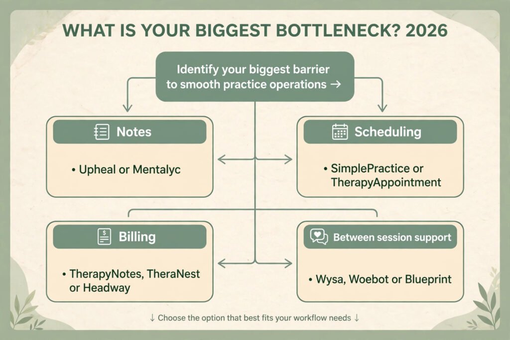 Decision flowchart, pick the right AI tool for therapists for your bottleneck