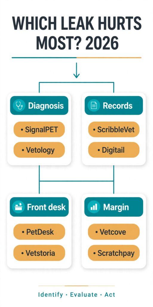 Decision flowchart, pick the right vet AI tool for your biggest clinic leak