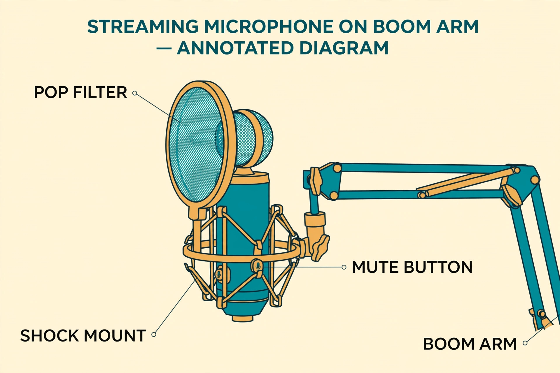 Annotated view of a streaming microphone showing pop filter, shock mount and boom arm