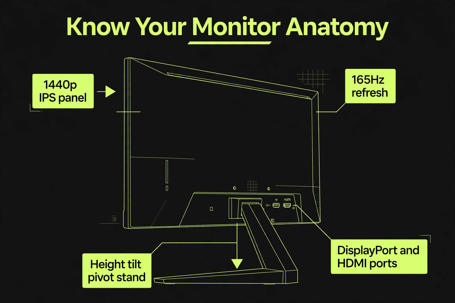 Annotated gaming monitor anatomy with 1440p IPS panel, 165Hz refresh, stand and ports
