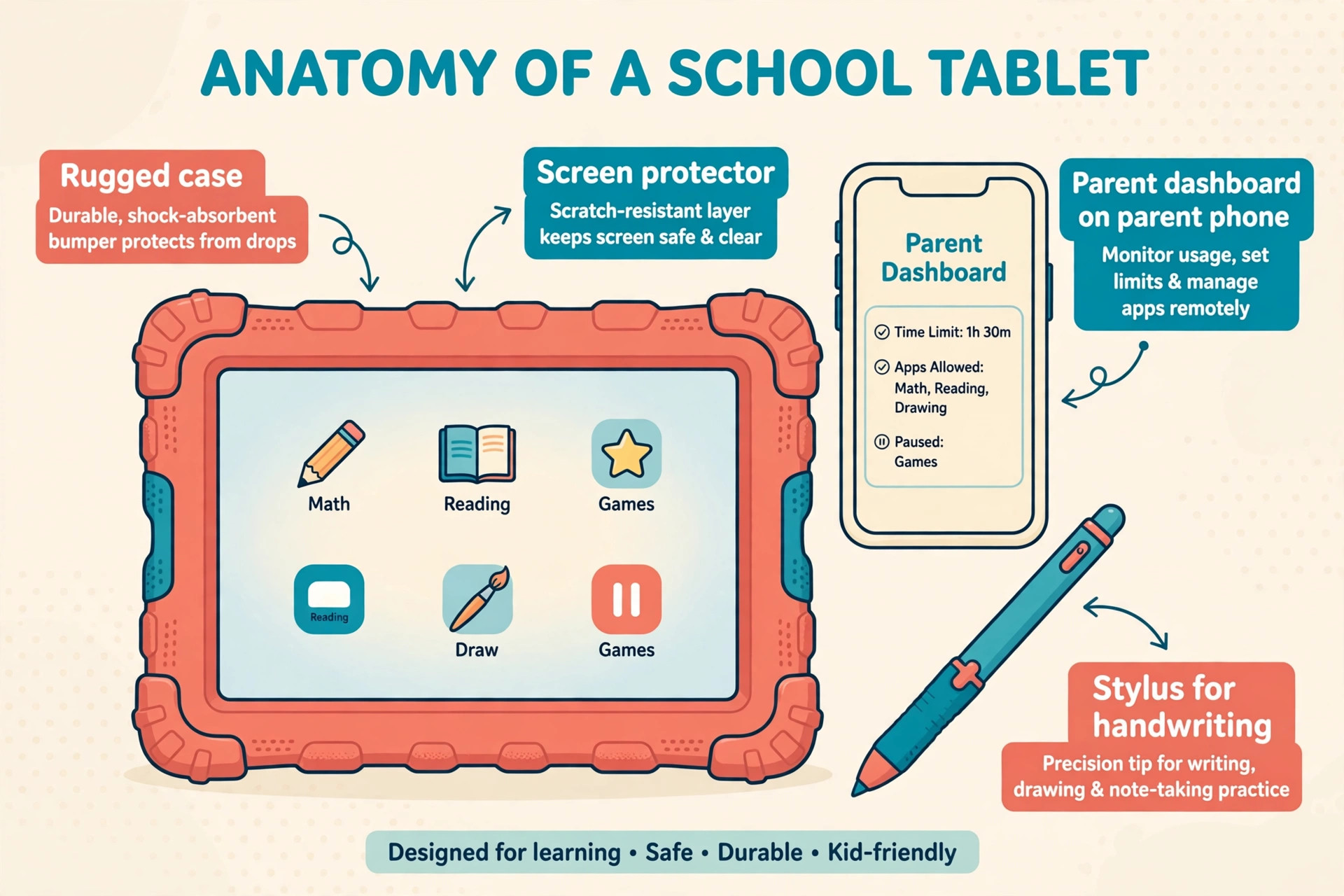 Annotated view of a kids tablet showing rugged case and parental dashboard