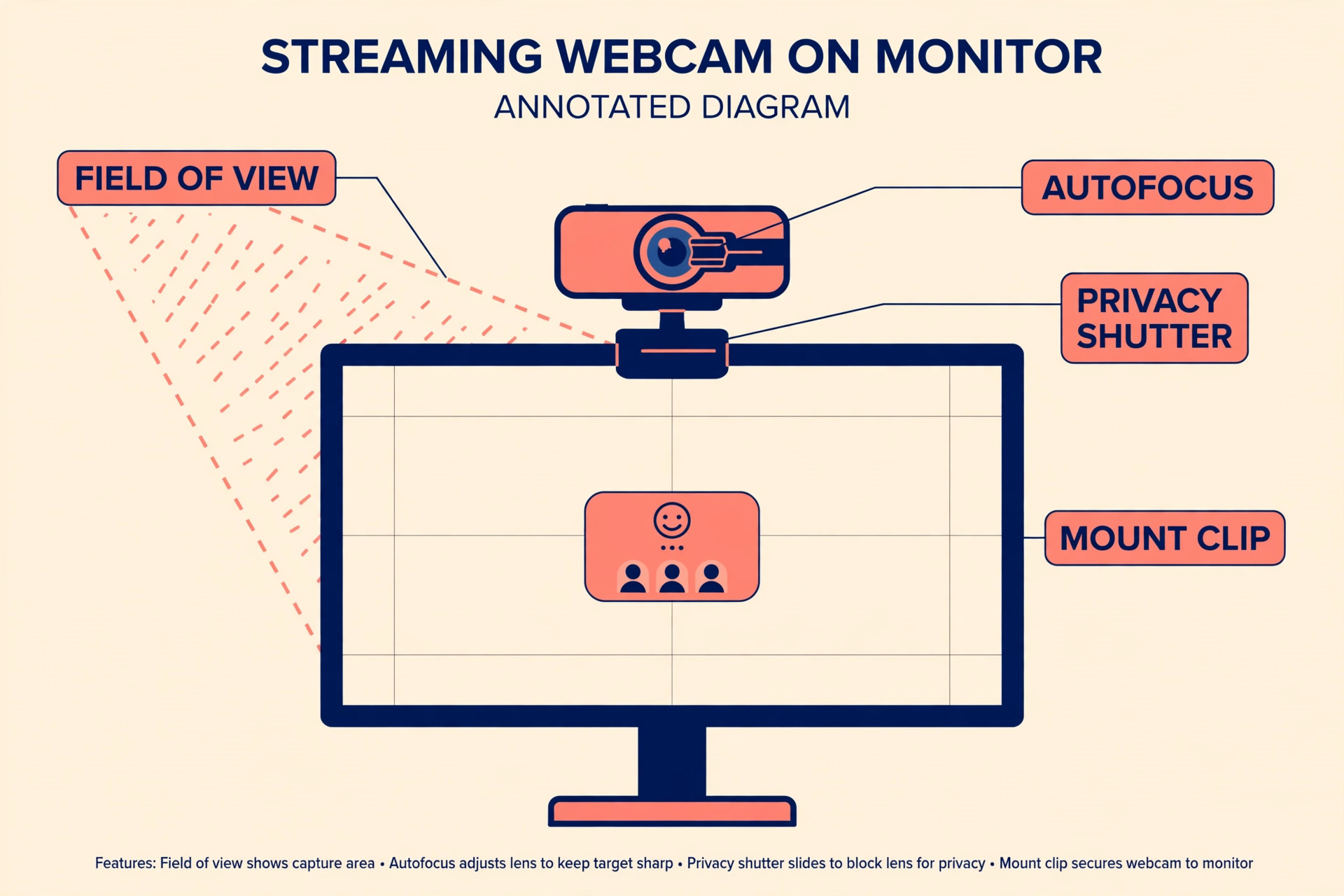 Annotated view of a streaming webcam showing field of view and focus range