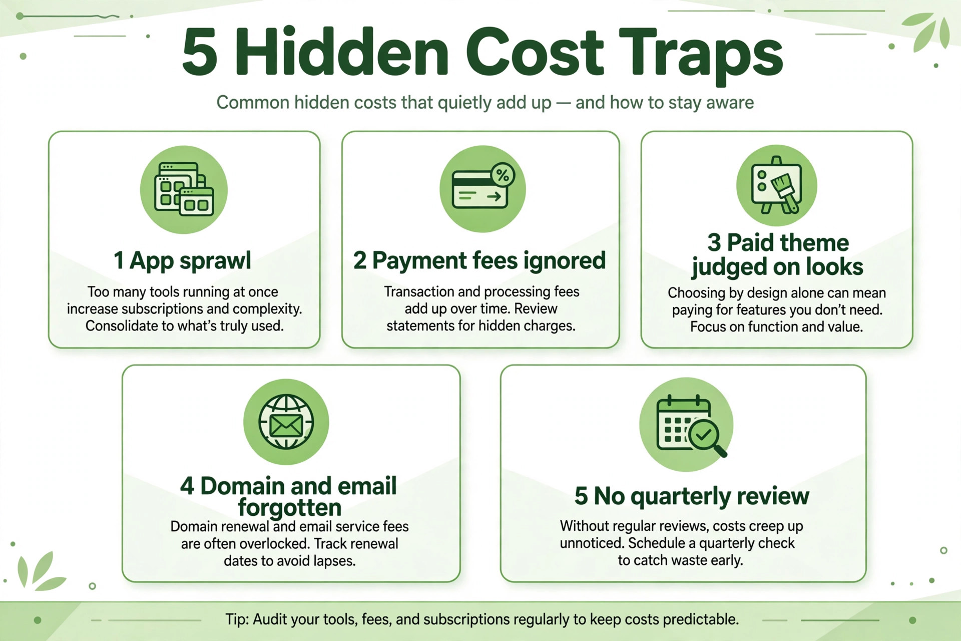 Five hidden Shopify cost traps, app sprawl, payment fees, theme choice, domain and email, no quarterly review