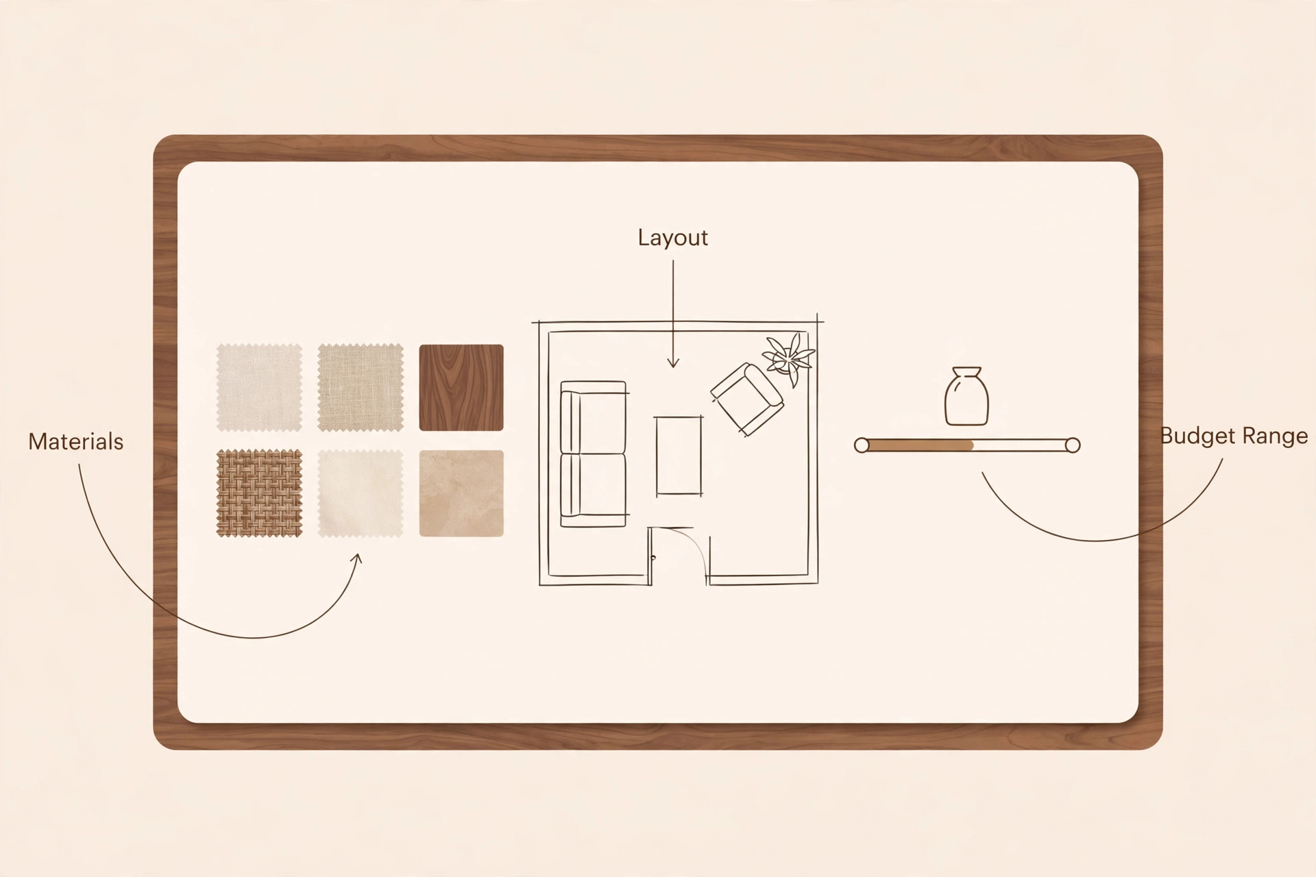 Annotated presentation board with callouts for materials, layout and budget range, no figures