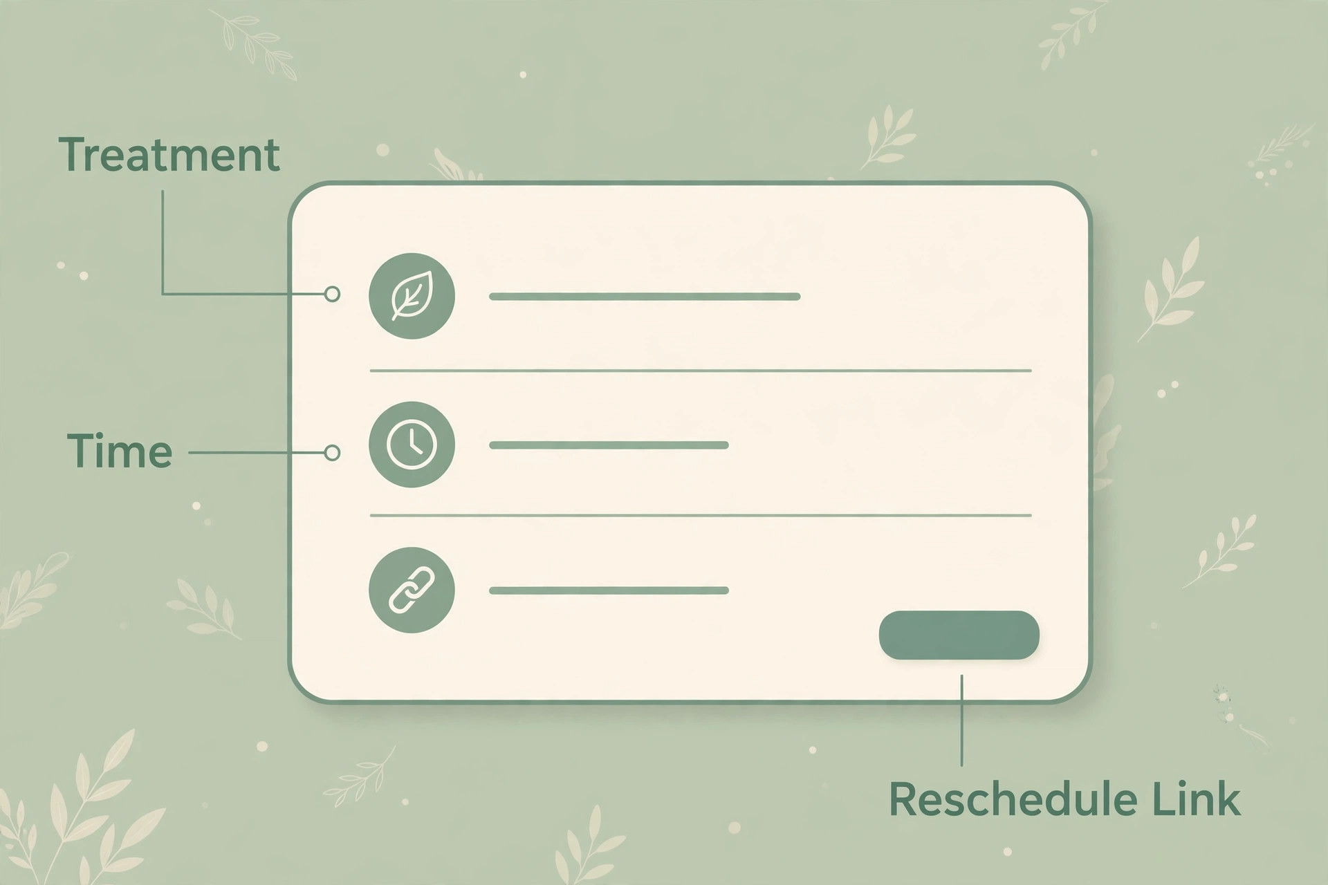 Annotated spa confirmation message with callouts for treatment, time and reschedule link