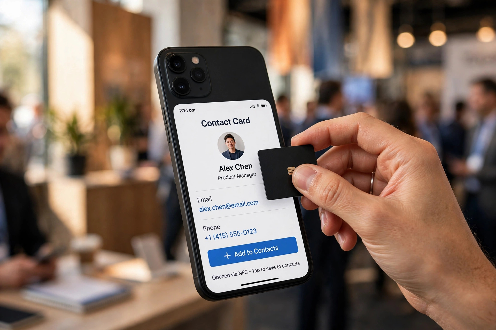 NFC card tap mockup at an event
