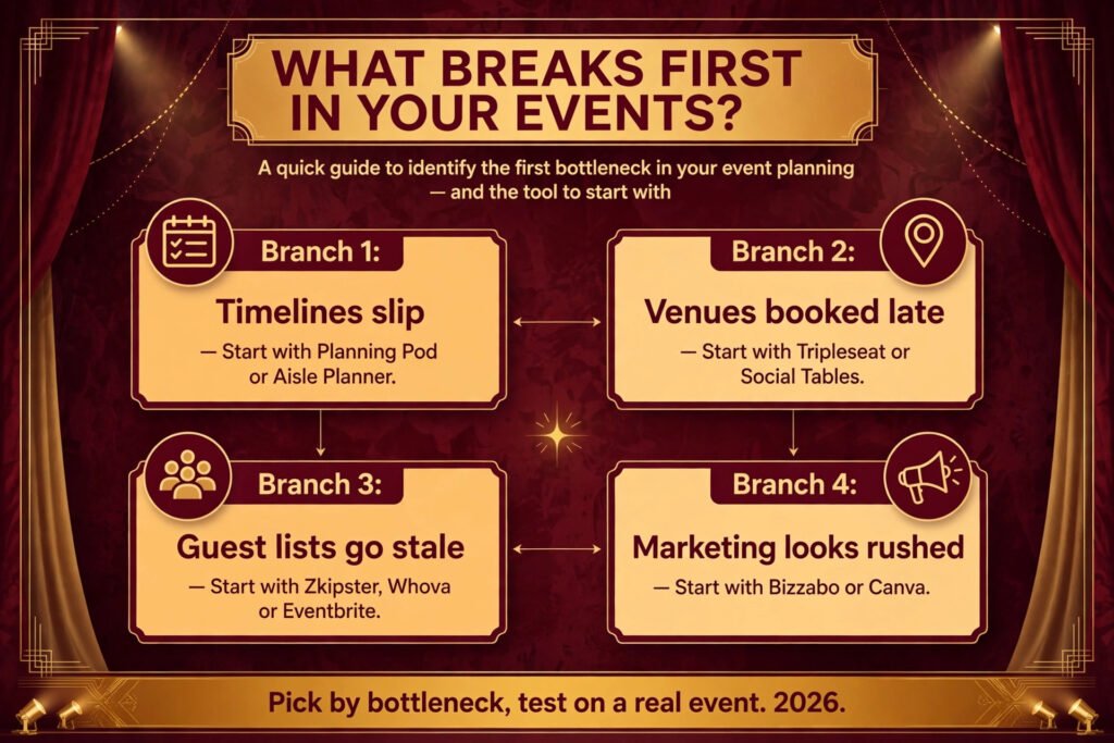 Decision flowchart, pick the right AI tool for event planners by bottleneck