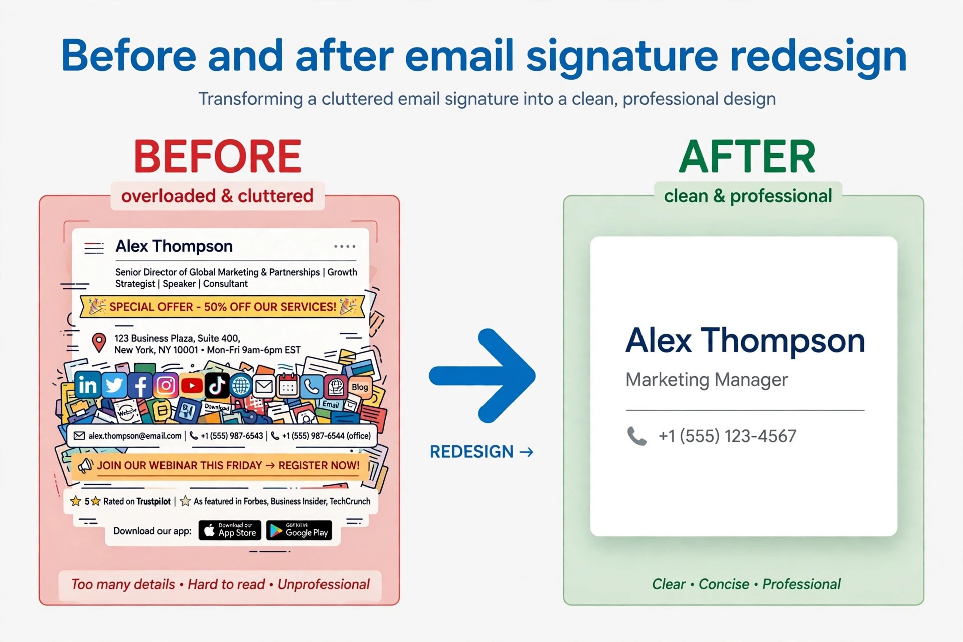Before and after redesign of an overloaded email signature