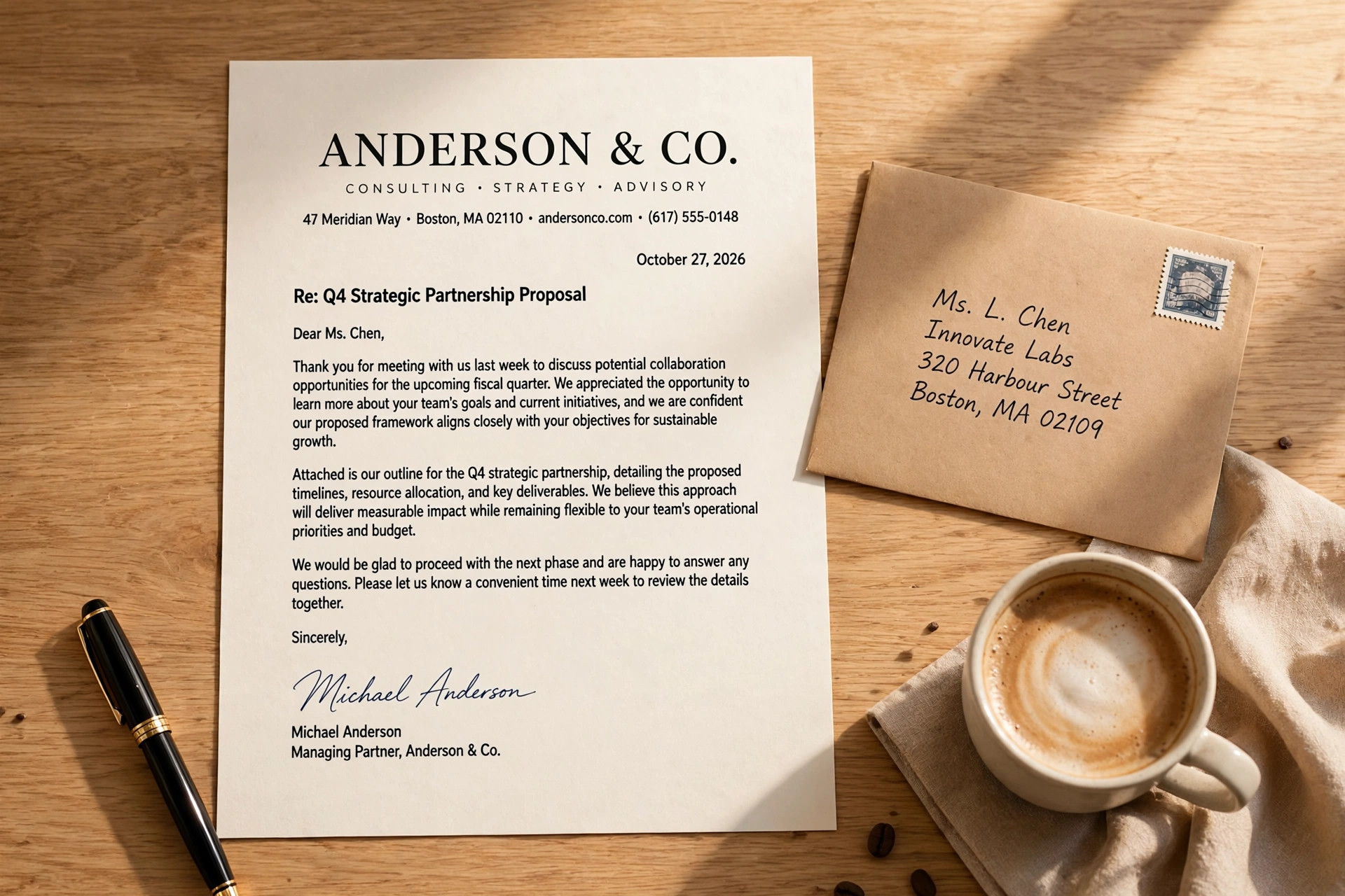 Mockup of a printed business letter on a desk