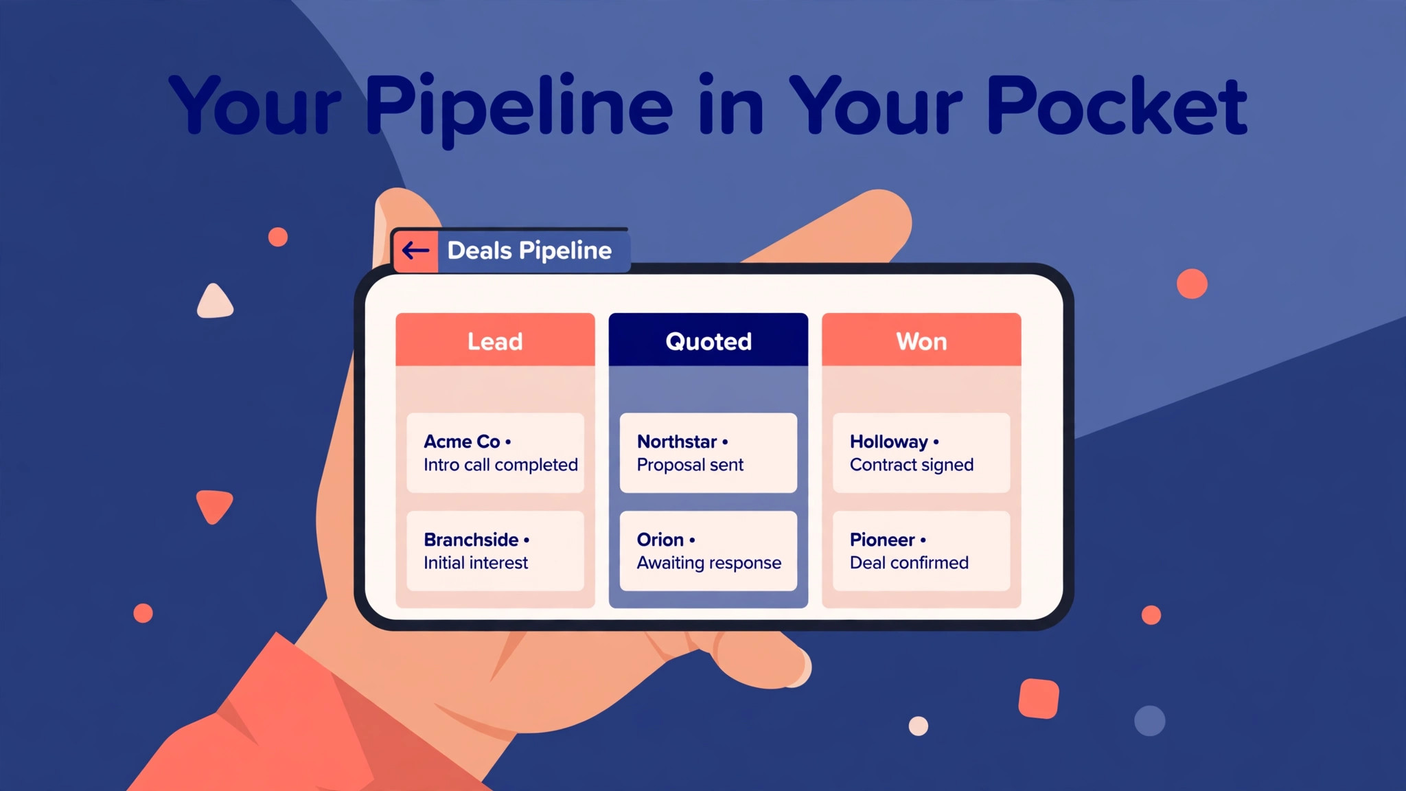 phone mockup of a deals pipeline board