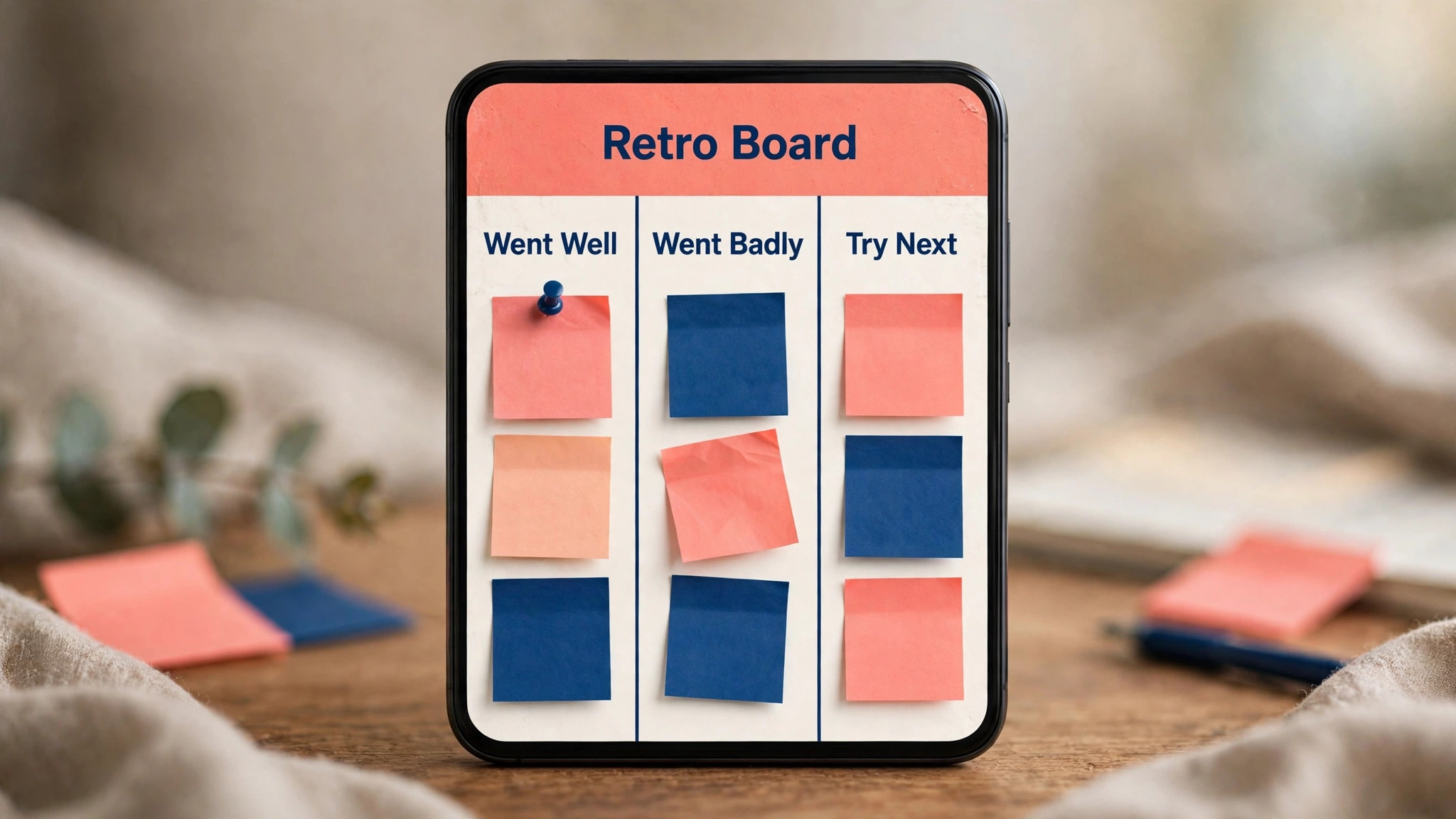 phone mockup of a retro board with sticky notes