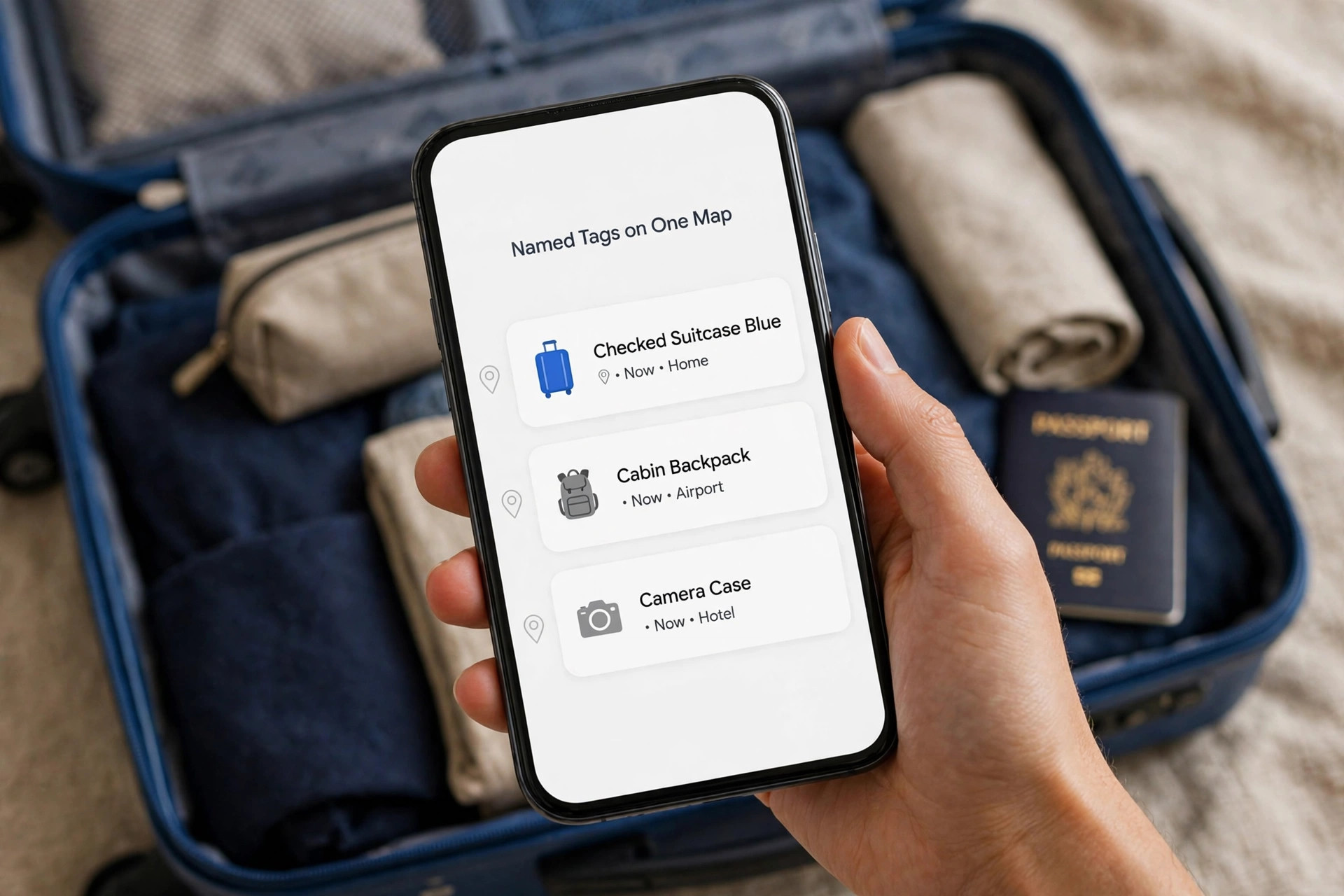 Phone mockup showing Find My items list with named luggage tags