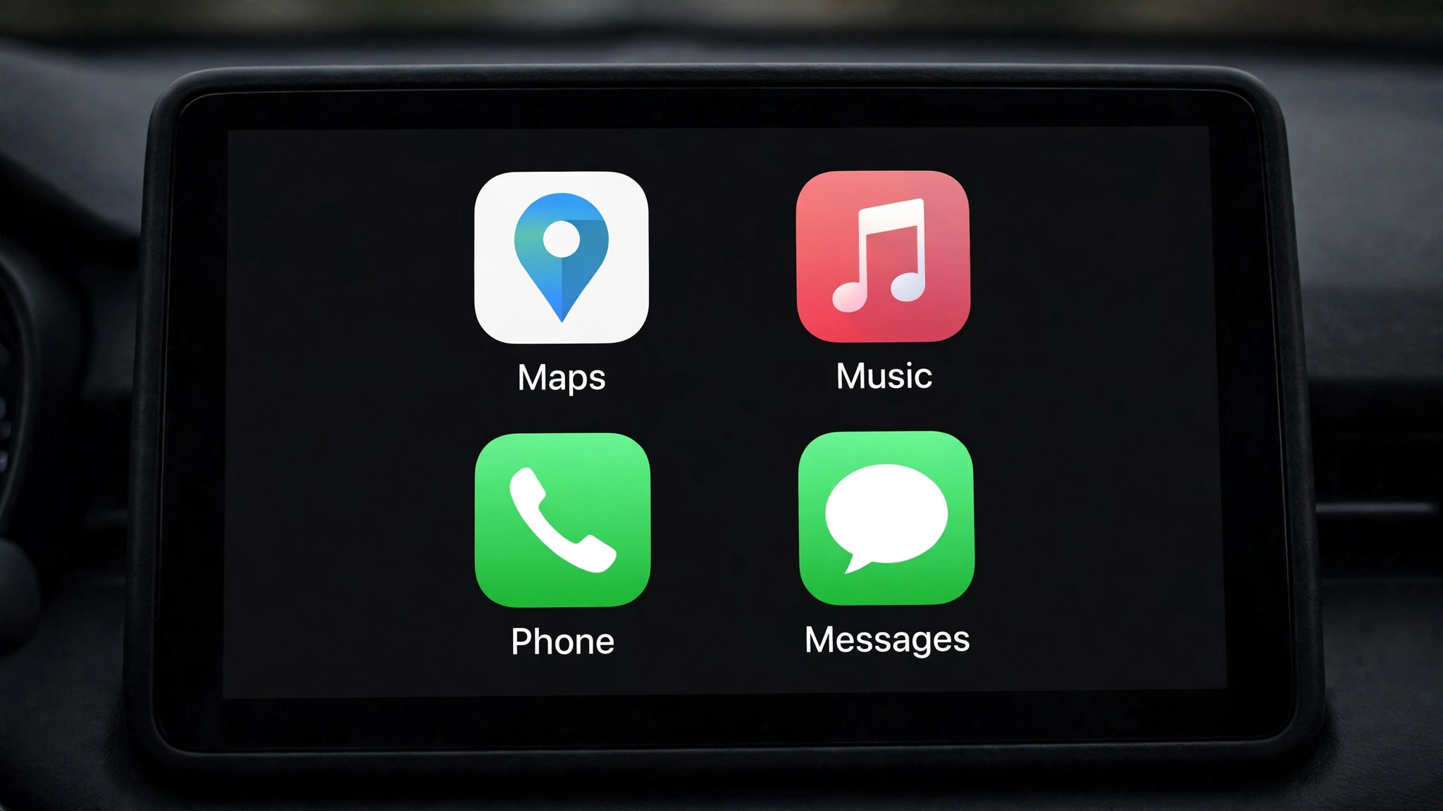 Car screen mockup showing CarPlay home screen with navigation and music apps