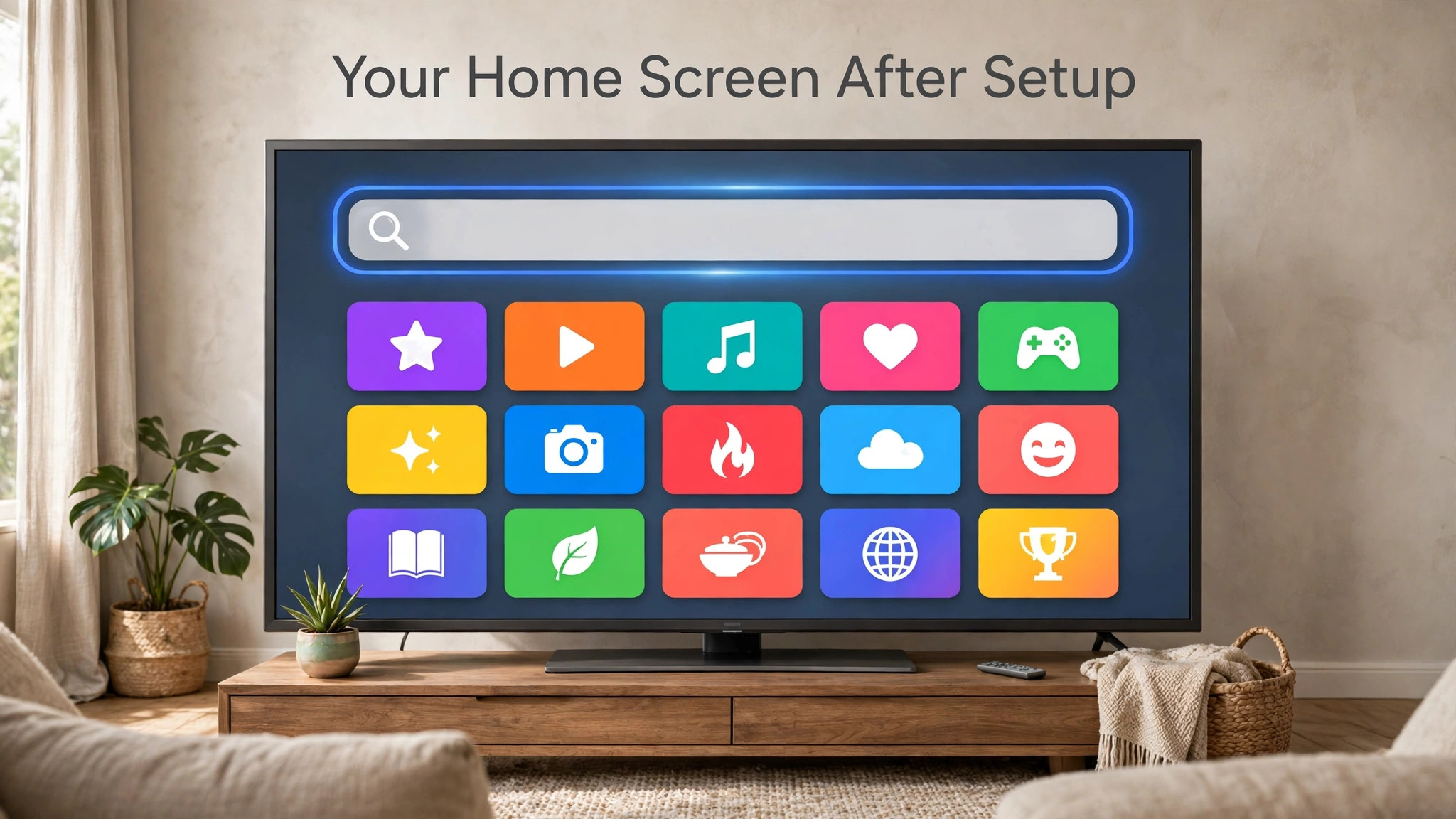 Television screen mockup showing the Fire TV home screen after setup