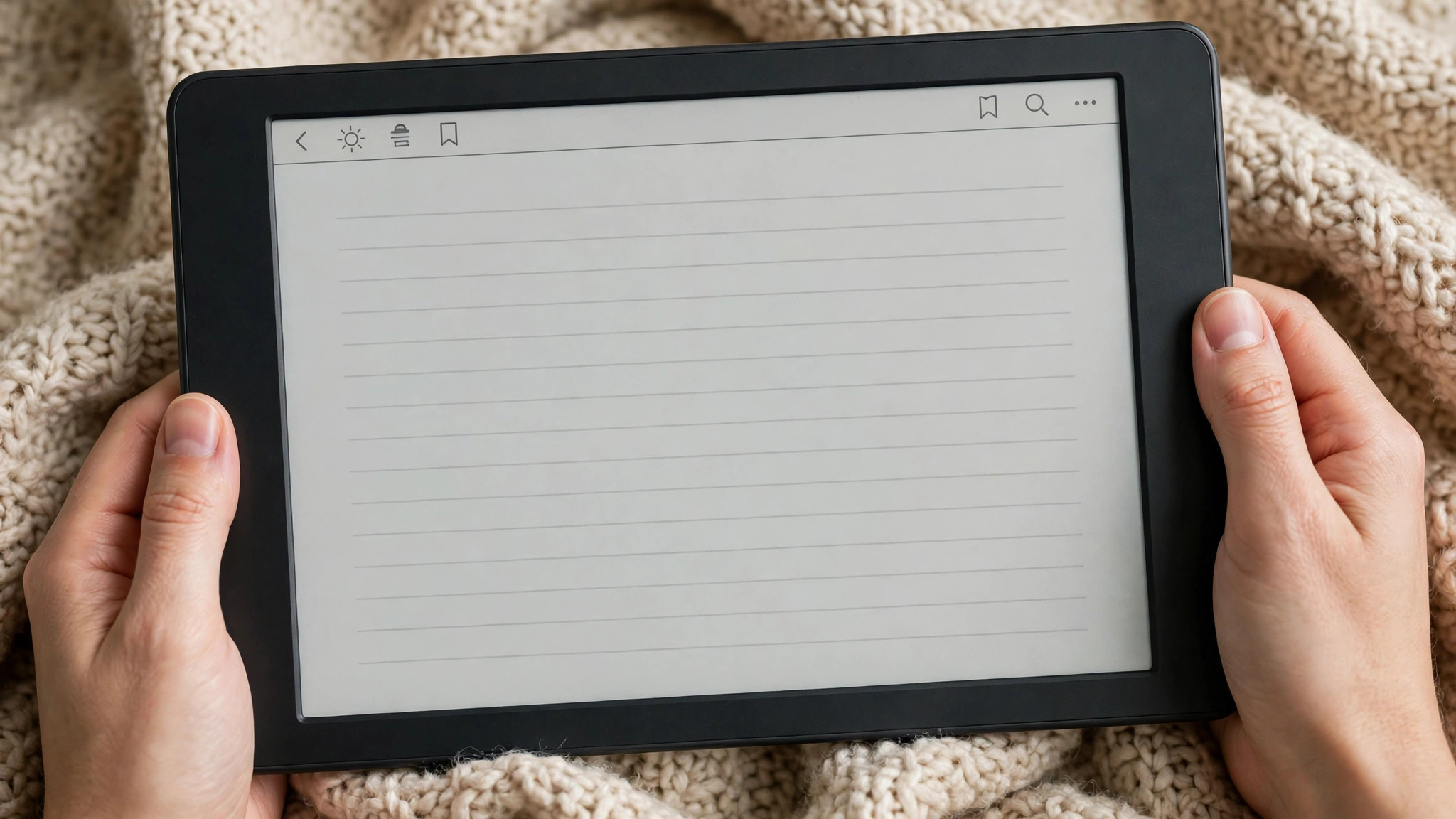 E-reader mockup showing a book page with reading toolbar open