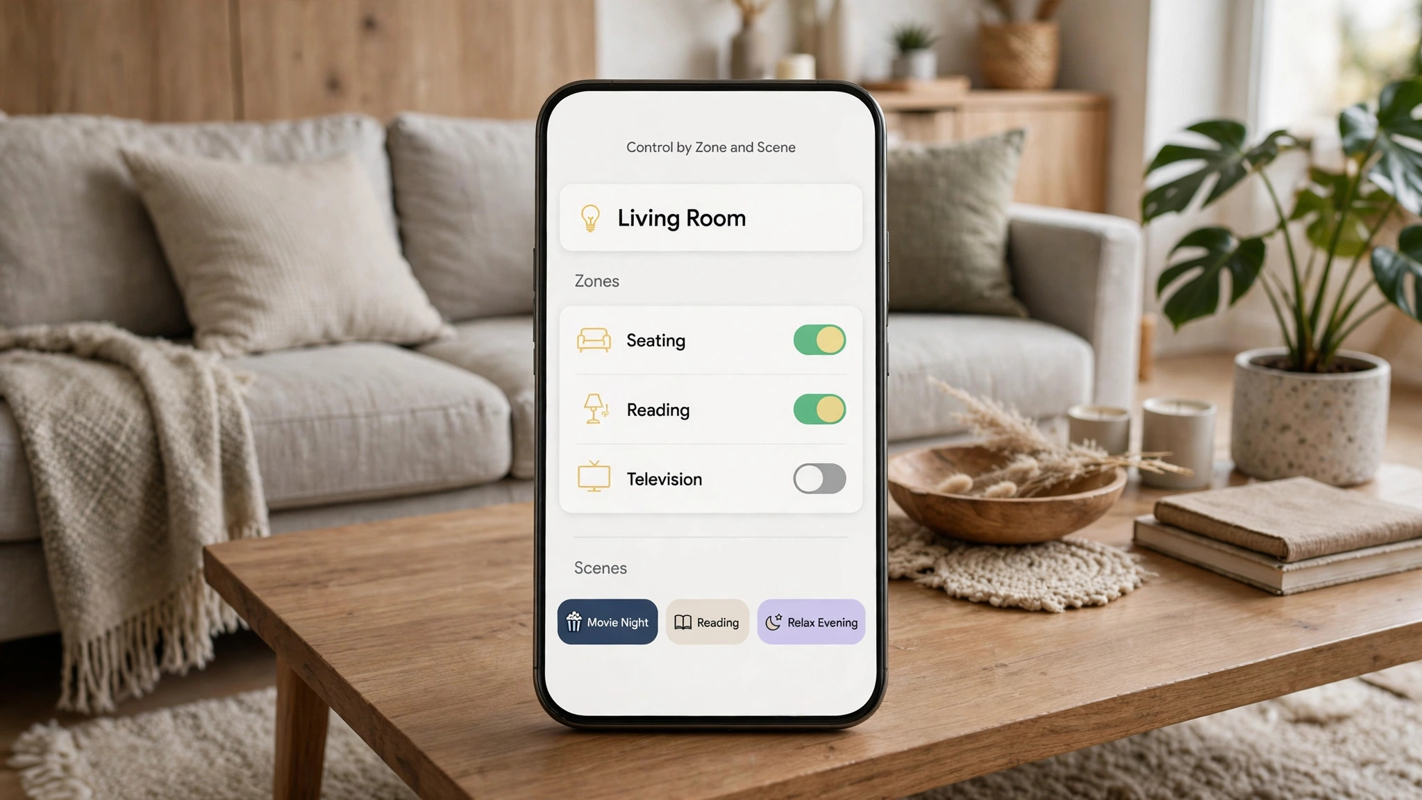 Phone app mockup showing living room zones and scene buttons