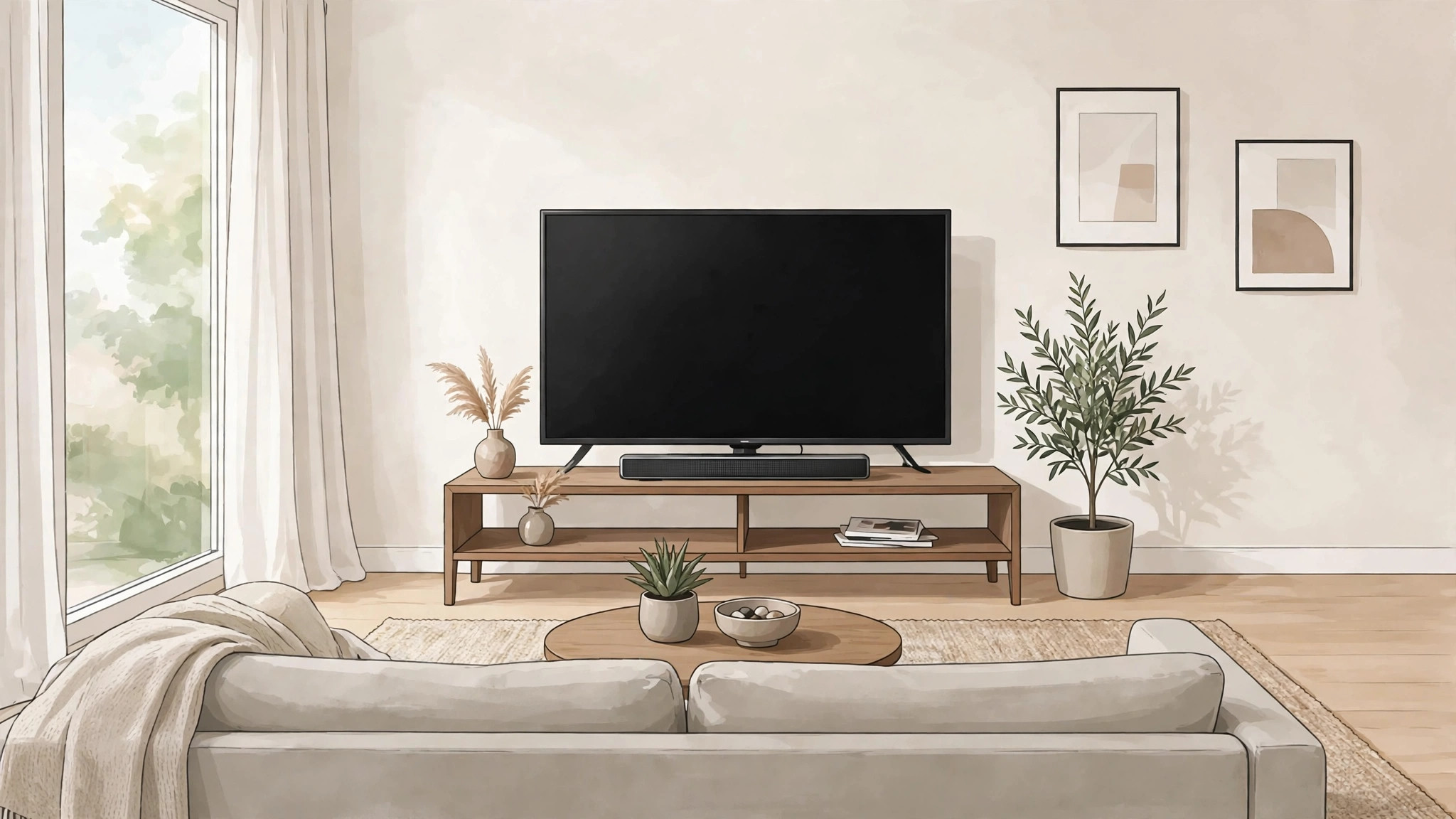 Television and soundbar mockup showing centred placement under the screen