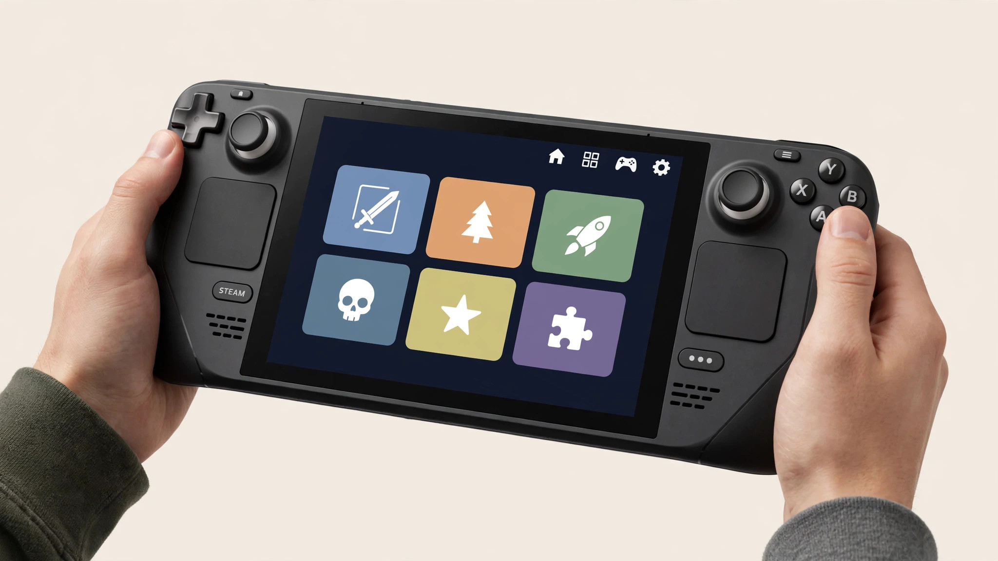 Handheld mockup showing the Steam Deck Gaming Mode home screen