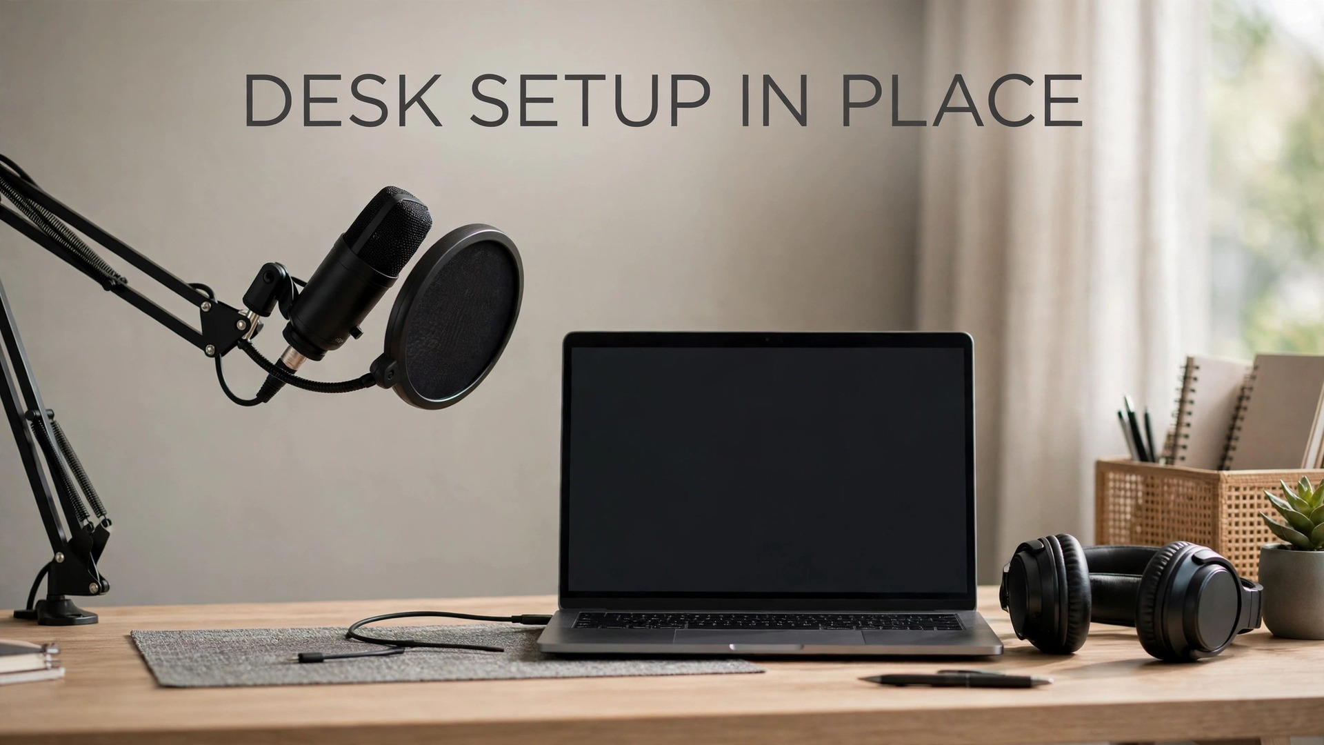 Desk mockup showing microphone on boom arm with pop filter and headphones