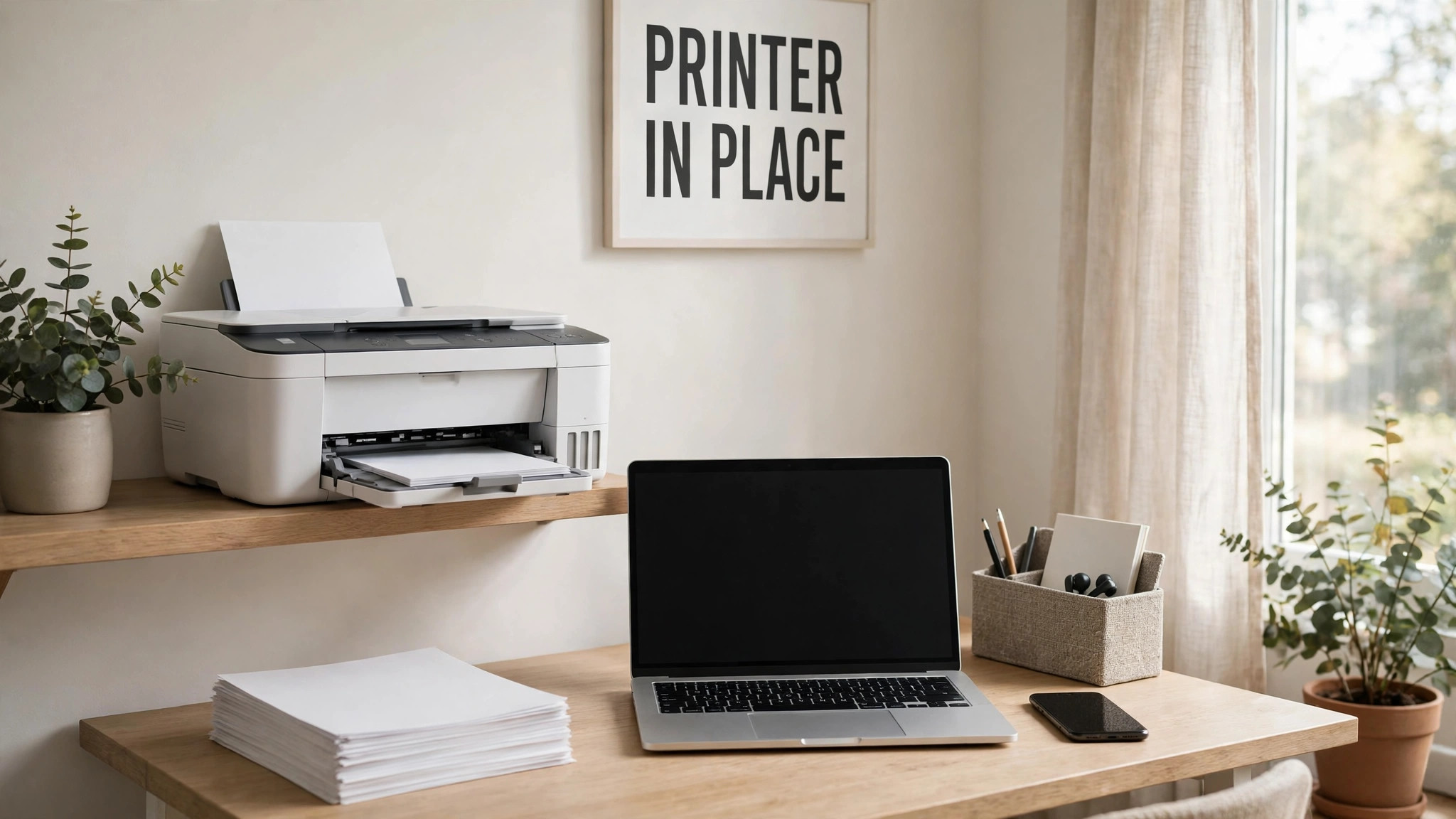 Home office mockup showing printer on a shelf with laptop and phone nearby