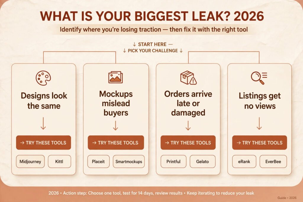 Decision flowchart, pick the right print on demand tool for your biggest leak