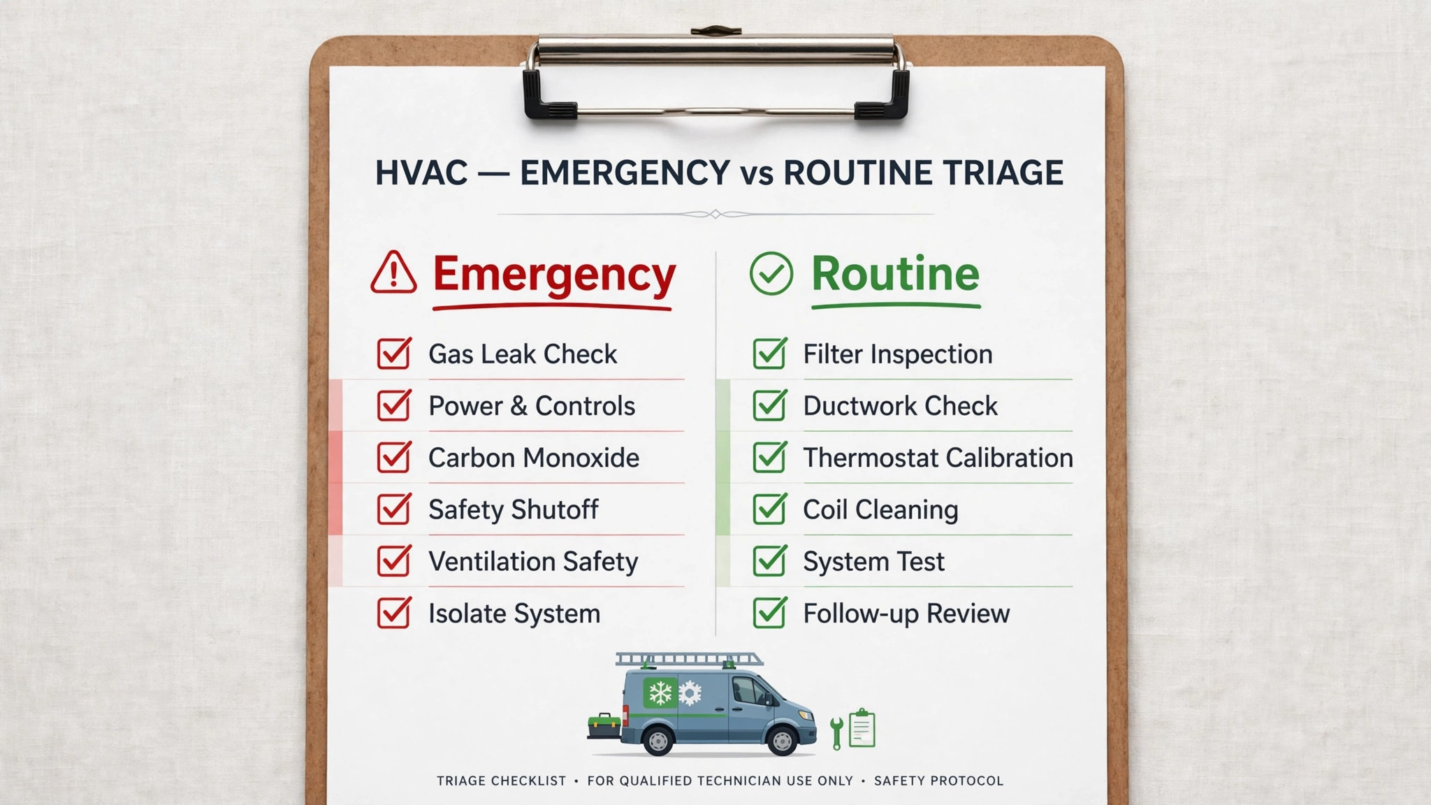 Emergency vs Routine Triage Checklist visual for a HVAC business