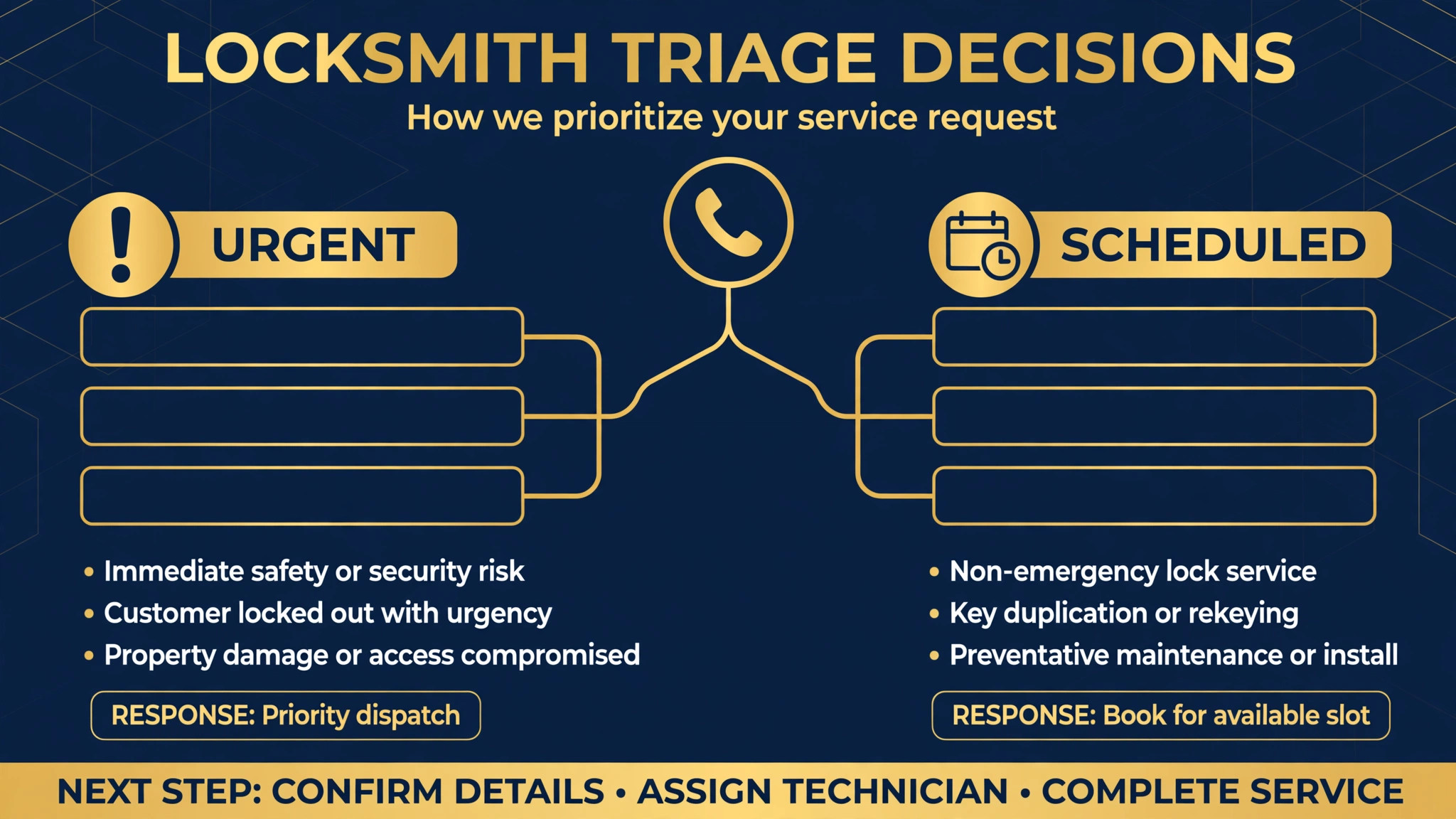 Urgent vs Scheduled Decision Checklist visual for a locksmith business