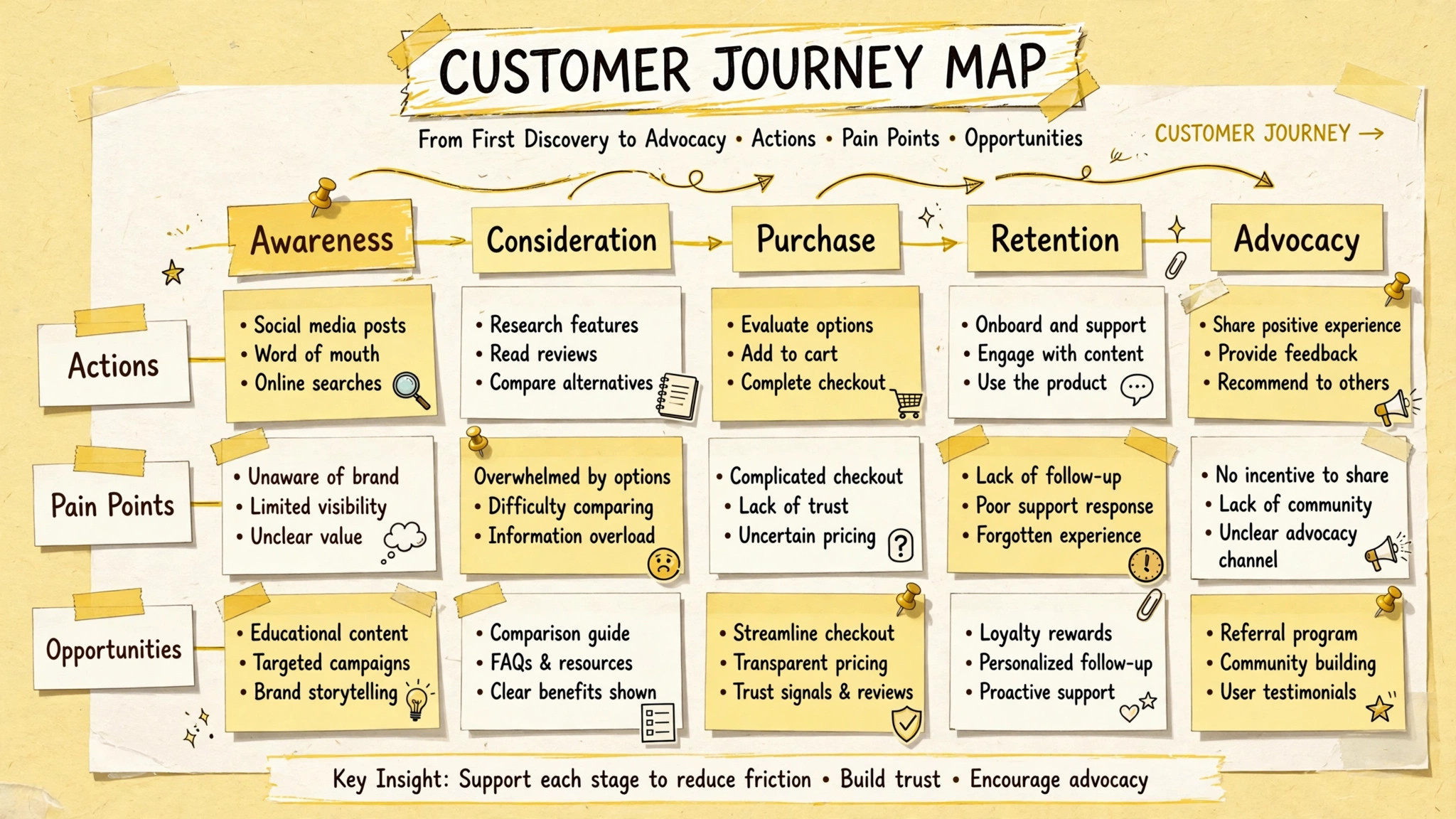 Annotated journey map board with stages and pain points