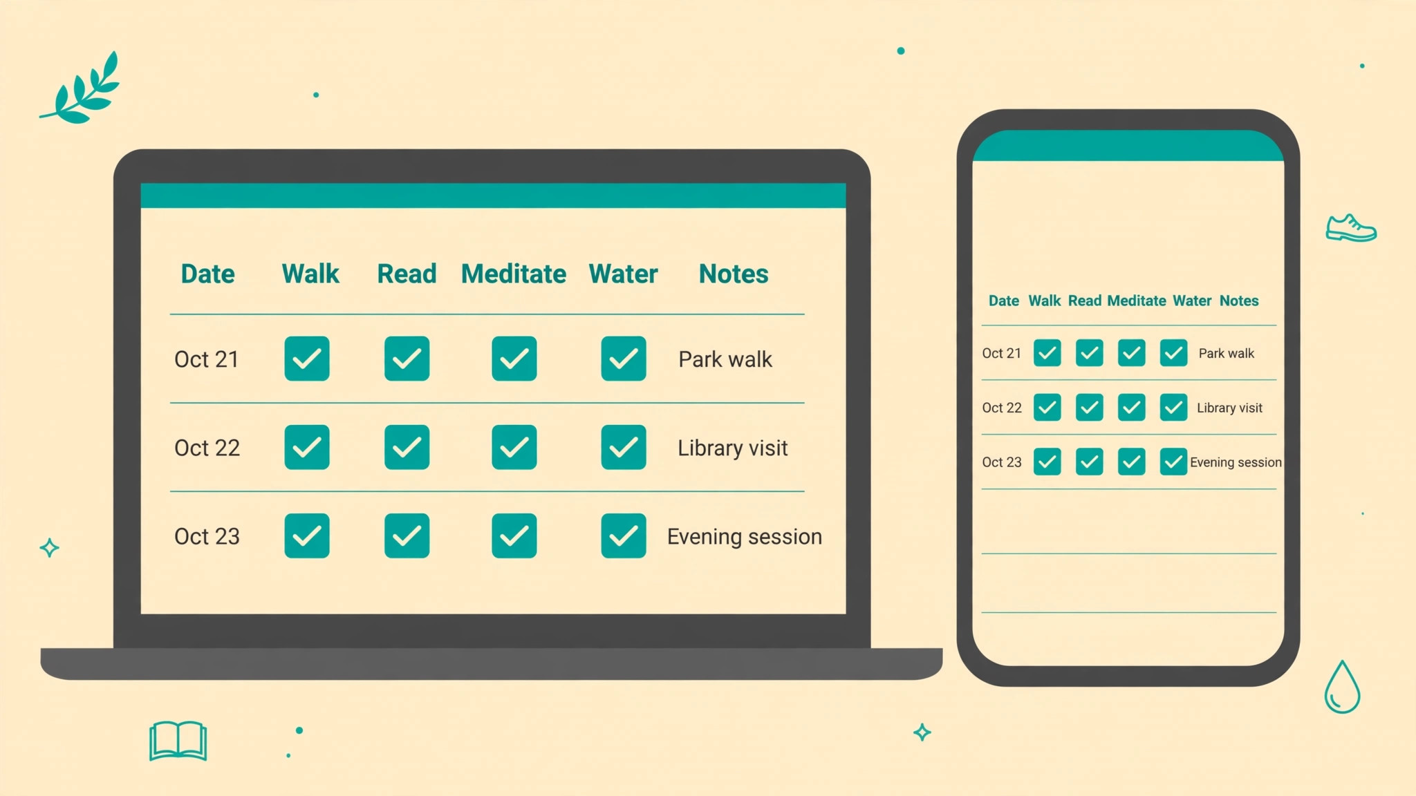 Notion habit database mockup on phone and laptop