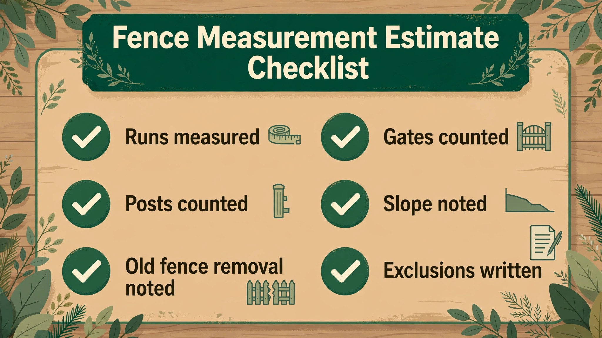 Fence measurement estimate checklist with posts gates and slope