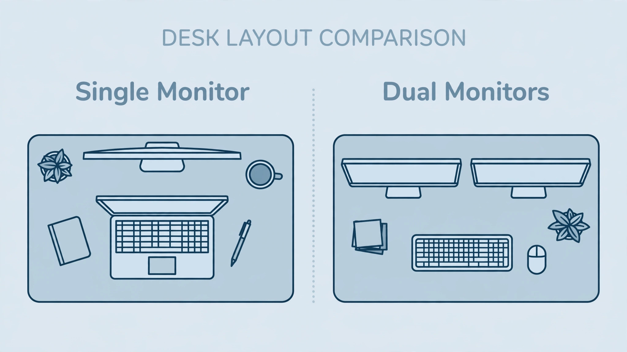 Comparison of single and dual monitor desk layouts