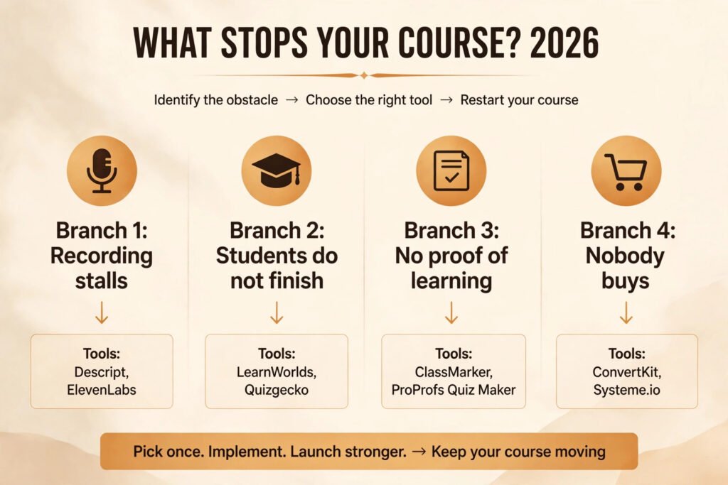 Decision flowchart, pick the right course creator tool for your bottleneck