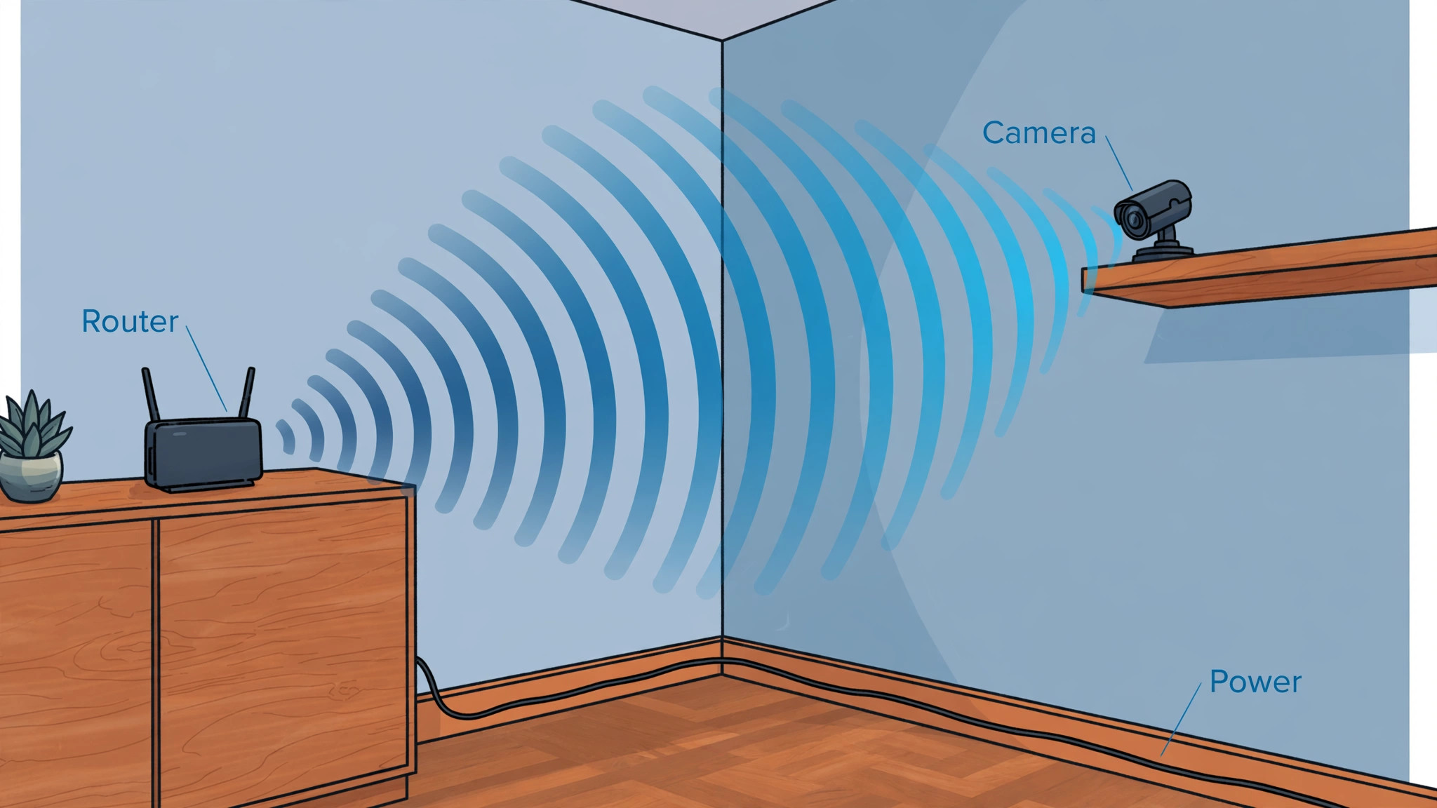 Diagram of Wi-Fi signal and power routes in a flat