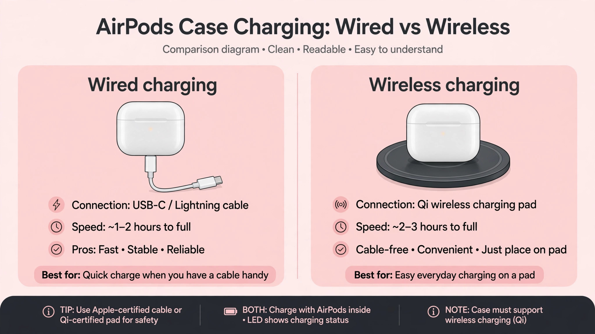 Comparison of wired and wireless AirPods case charging