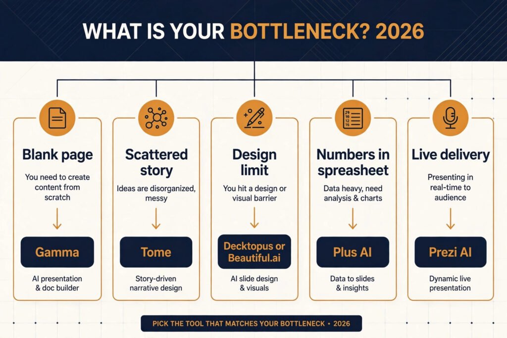 Decision flowchart, pick the right pitch deck tool for your bottleneck
