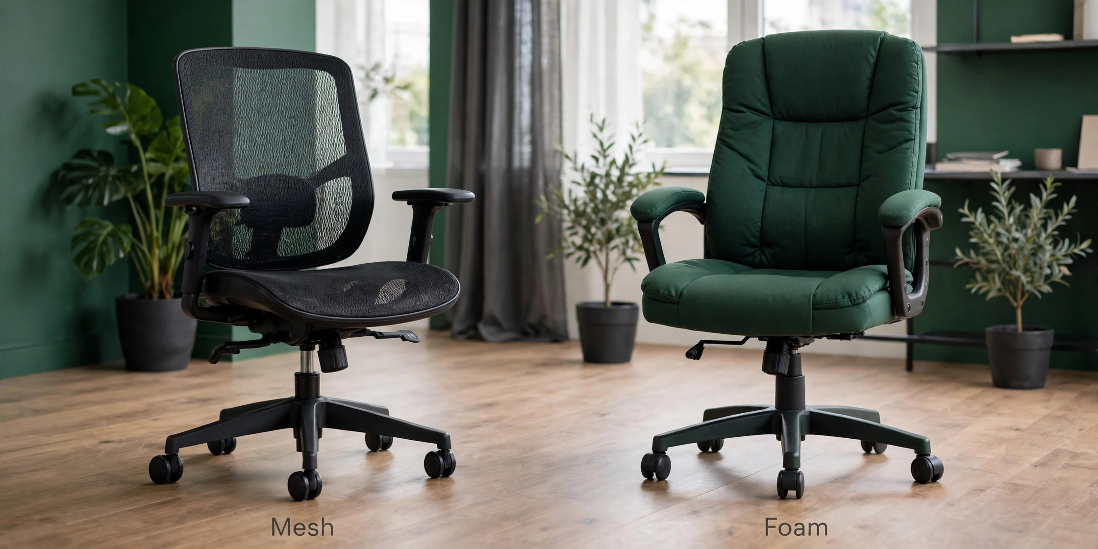 Side by side mesh and foam office chairs