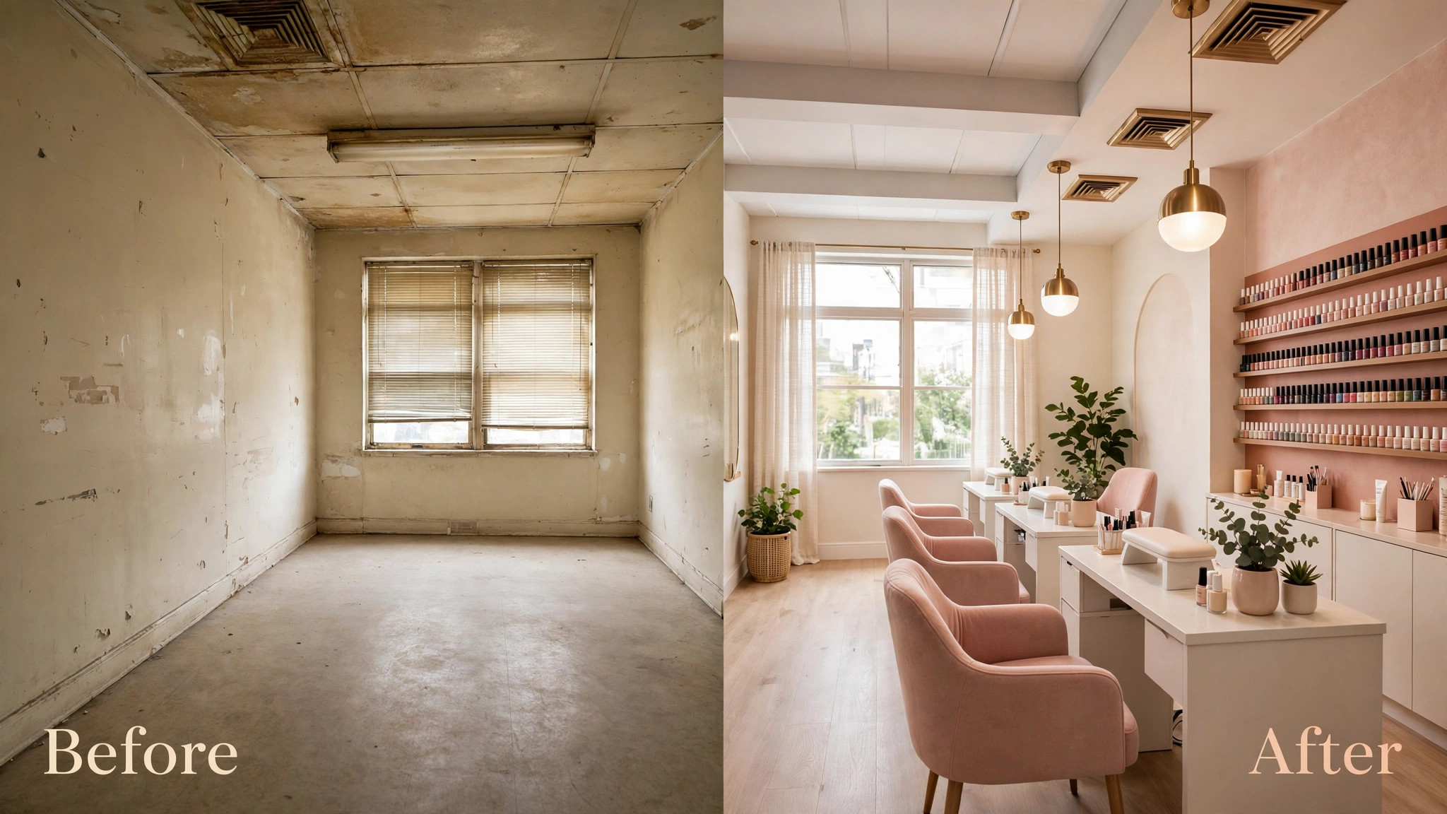 Salon space before and after build out and ventilation work