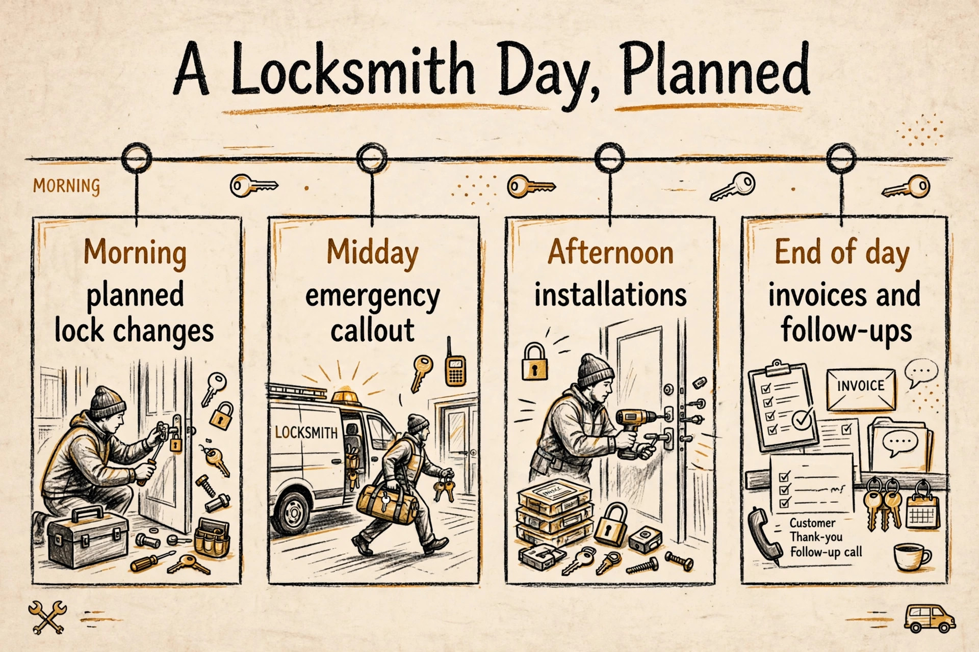 workflow image illustrating a key idea for a locksmith business