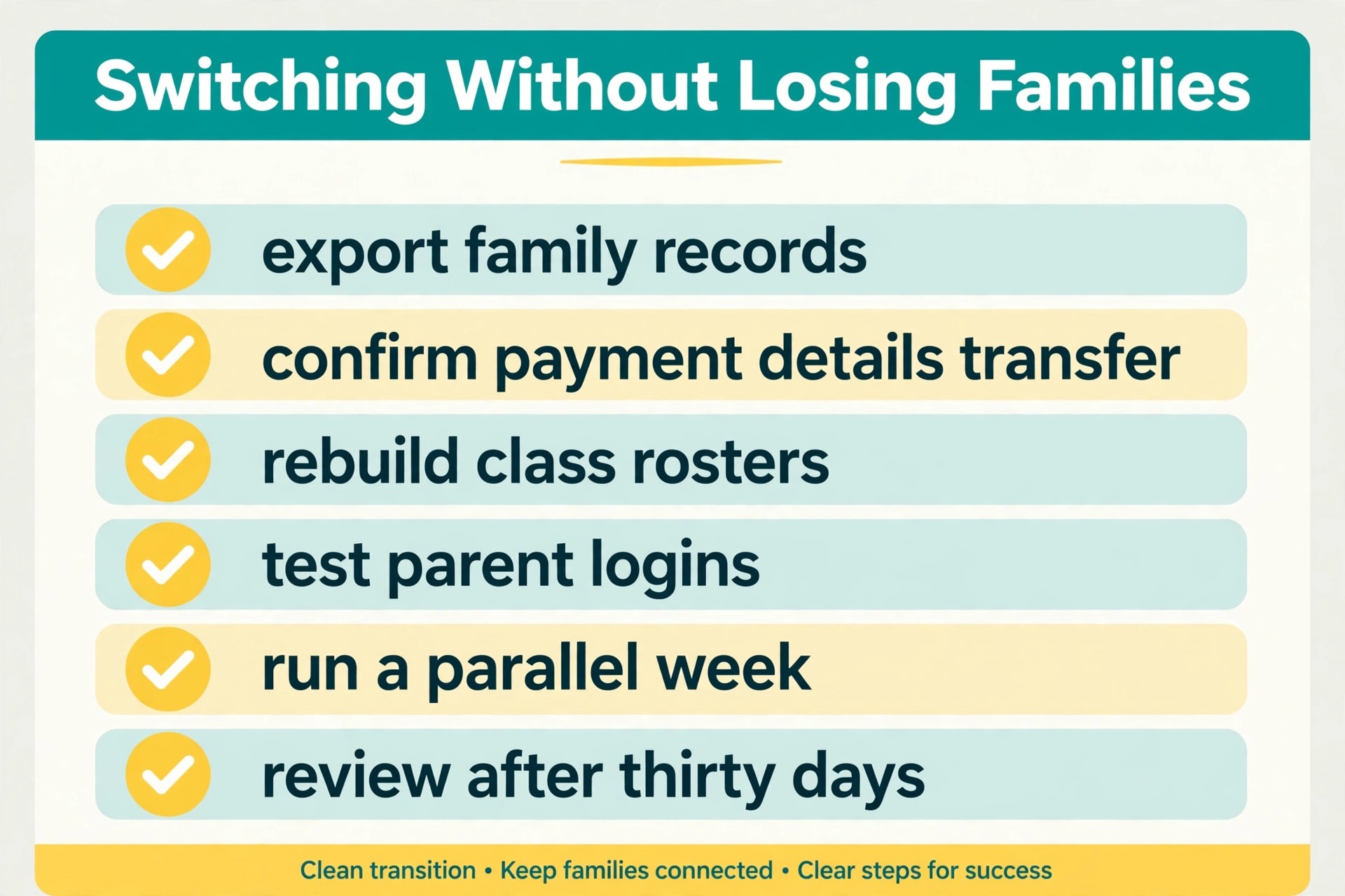 checklist visual for switching swim school software safely.