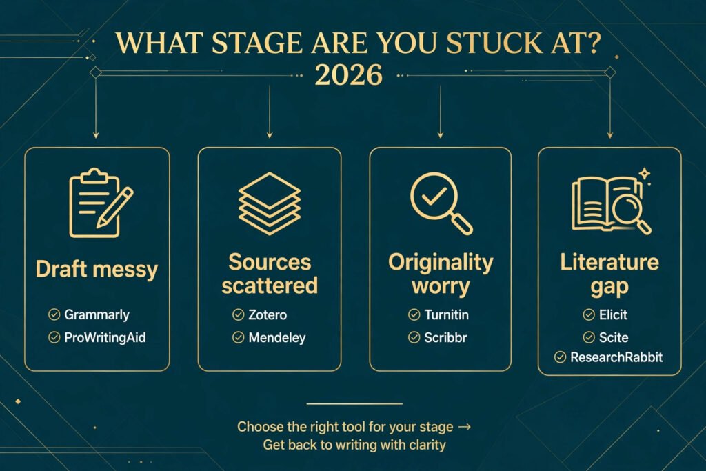 Decision flowchart, pick the right academic writing tool for your stuck stage