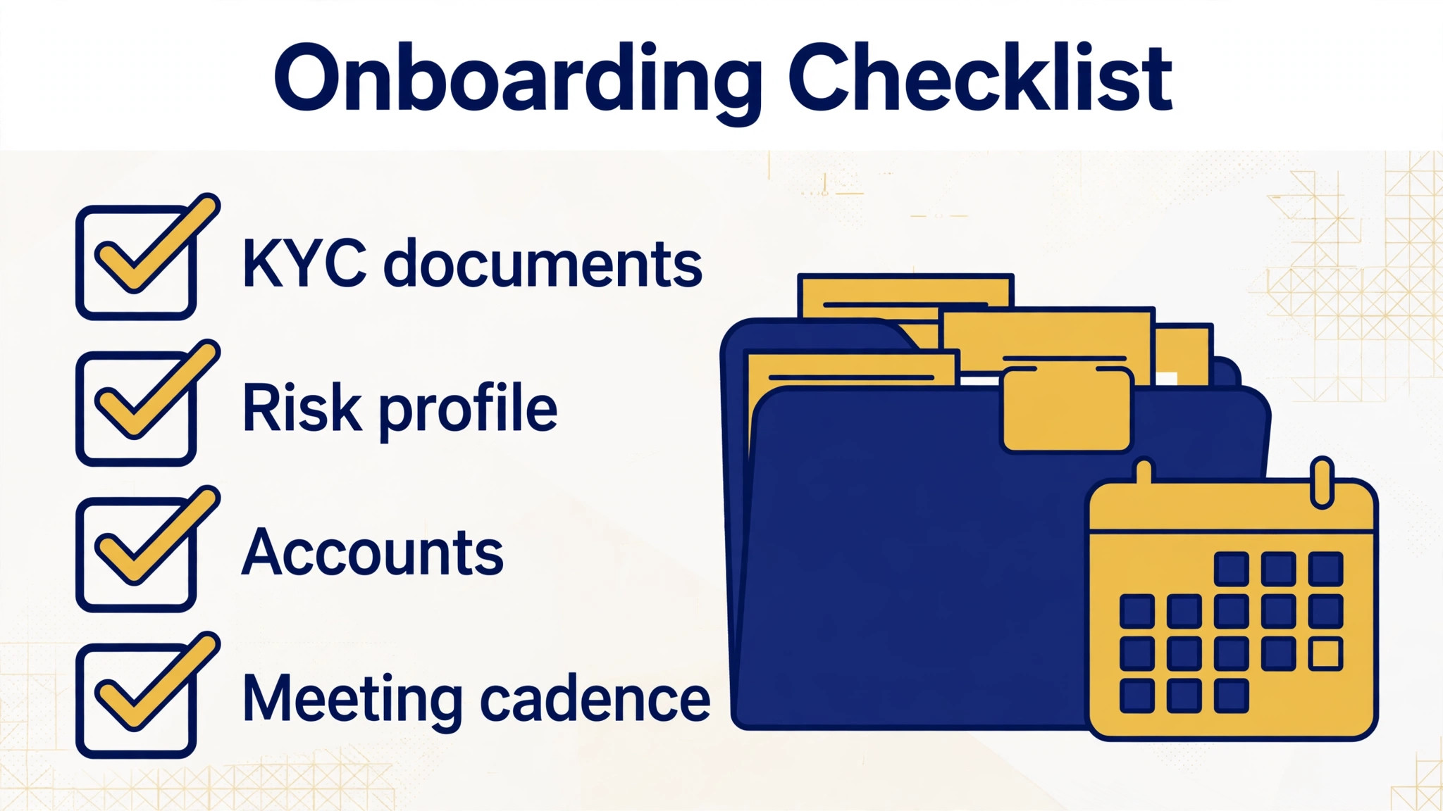 checklist visual for KYC documents risk profile accounts and meeting cadence.