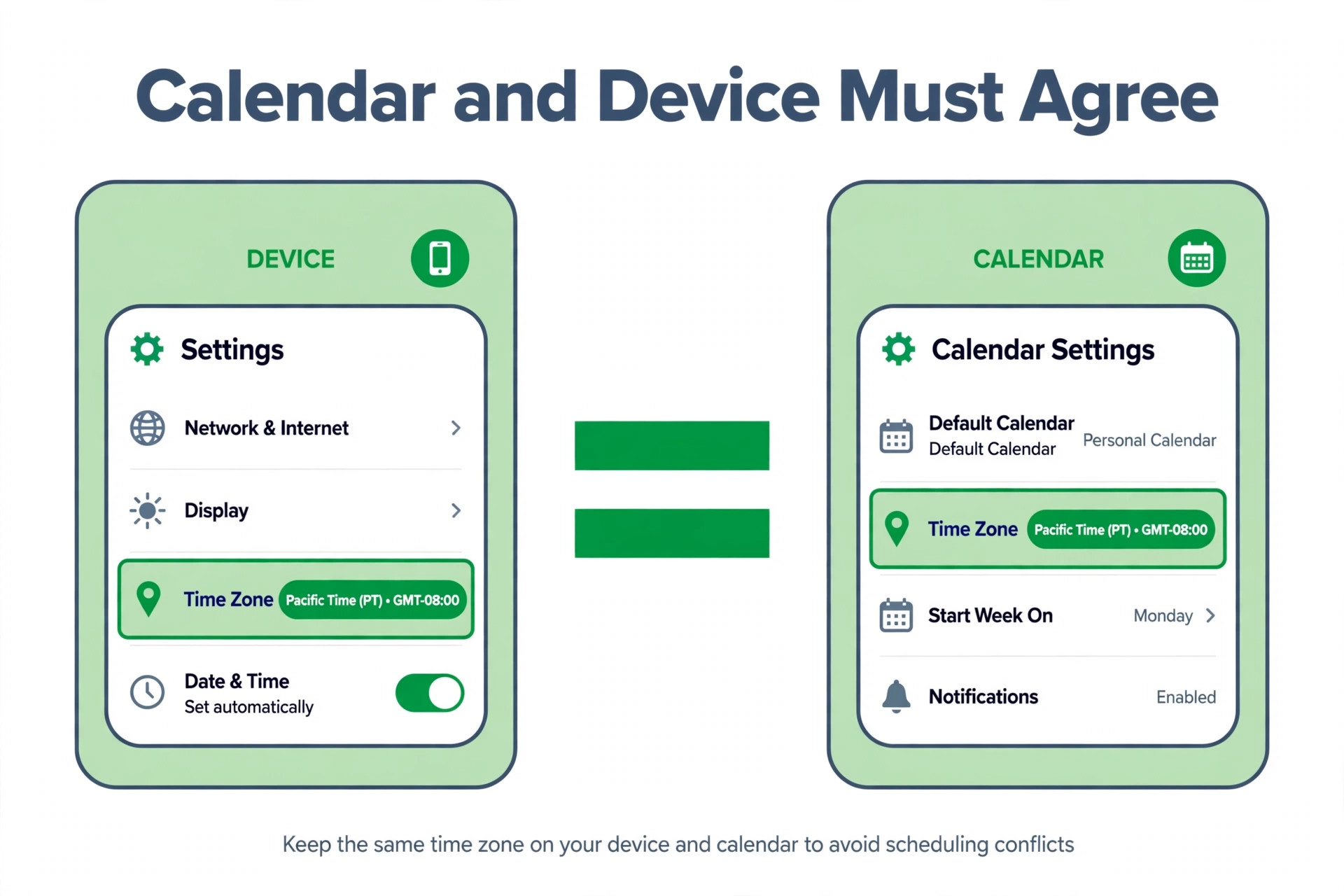 mockup of calendar and device time zone settings side by side.