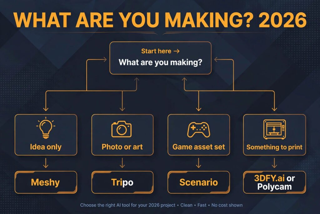 Decision flowchart, pick the right 3D model generator for your project
