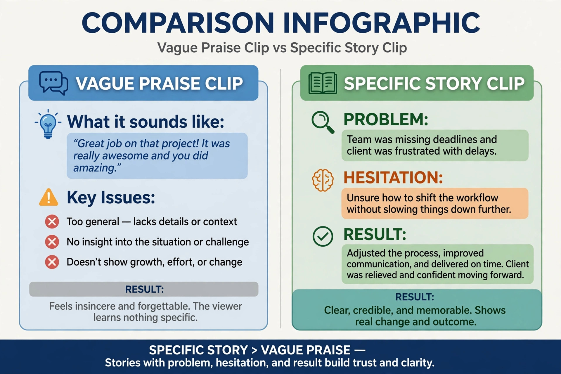Comparison of vague and specific video testimonial clips.