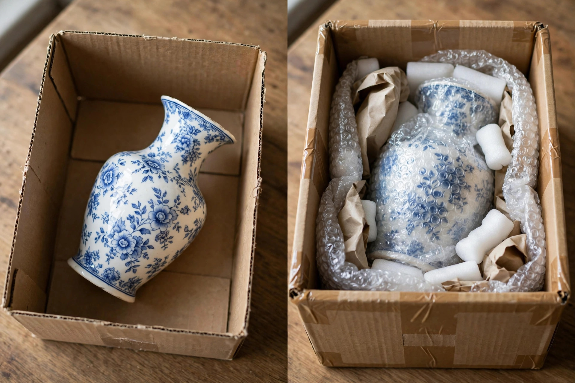 Before and after visual for a fragile parcel before and after correct packing.